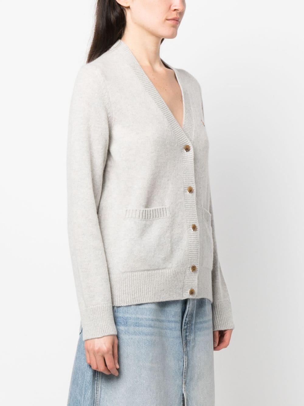 logo-patch V-neck wool cardigan - 3