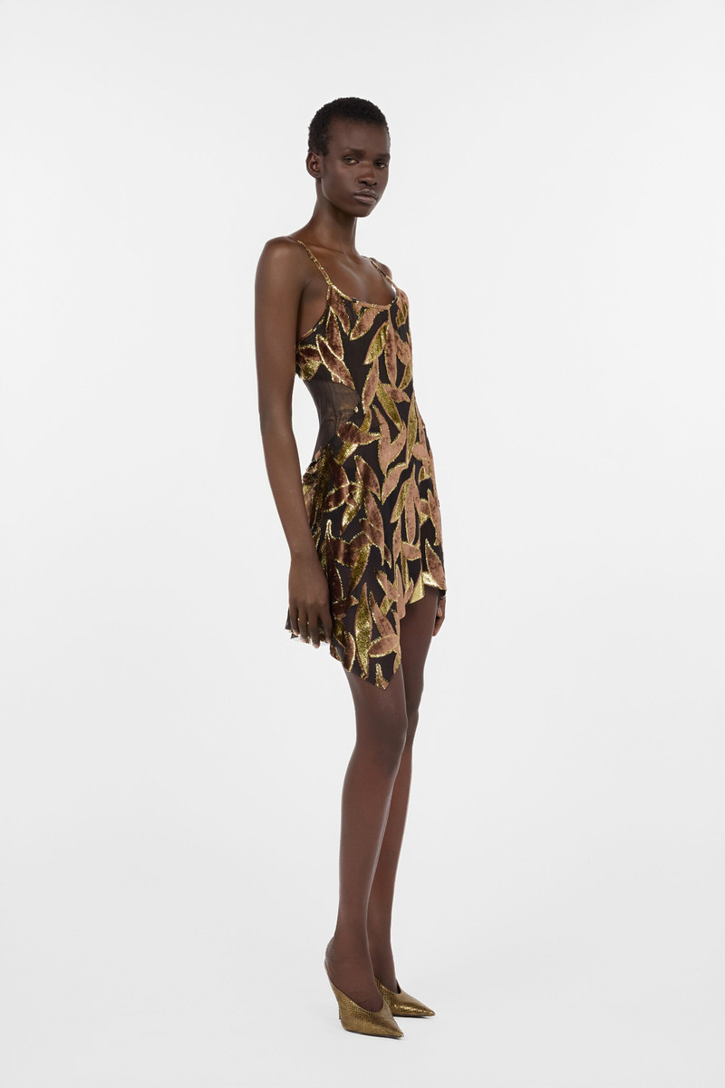 Chocolate Sheer Mini Dress with Foliage Motif 3
