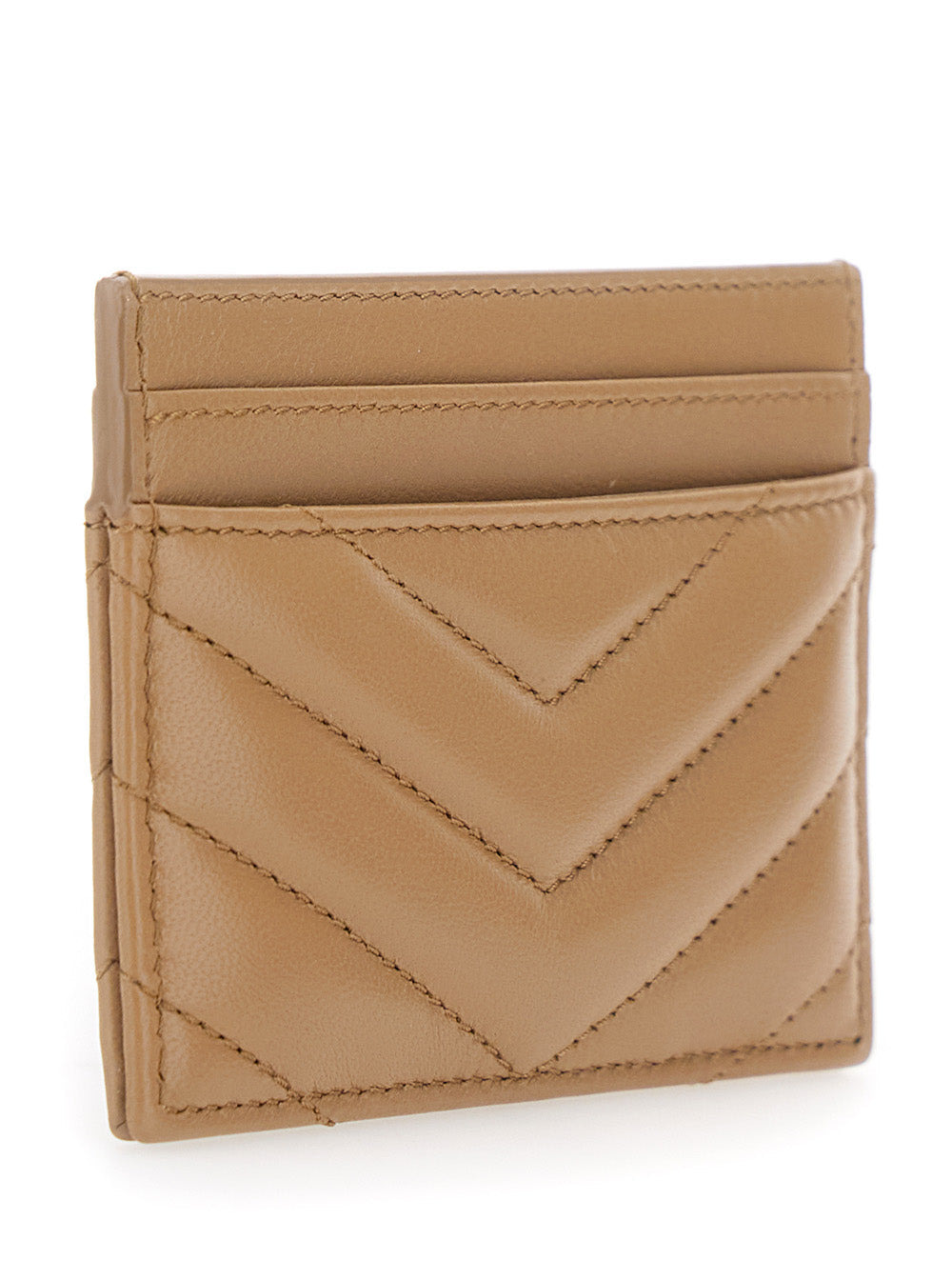 Saint Laurent Women Beige Card Holder With Cassandre Plaque On Front In Chevron Leather Woman - 3