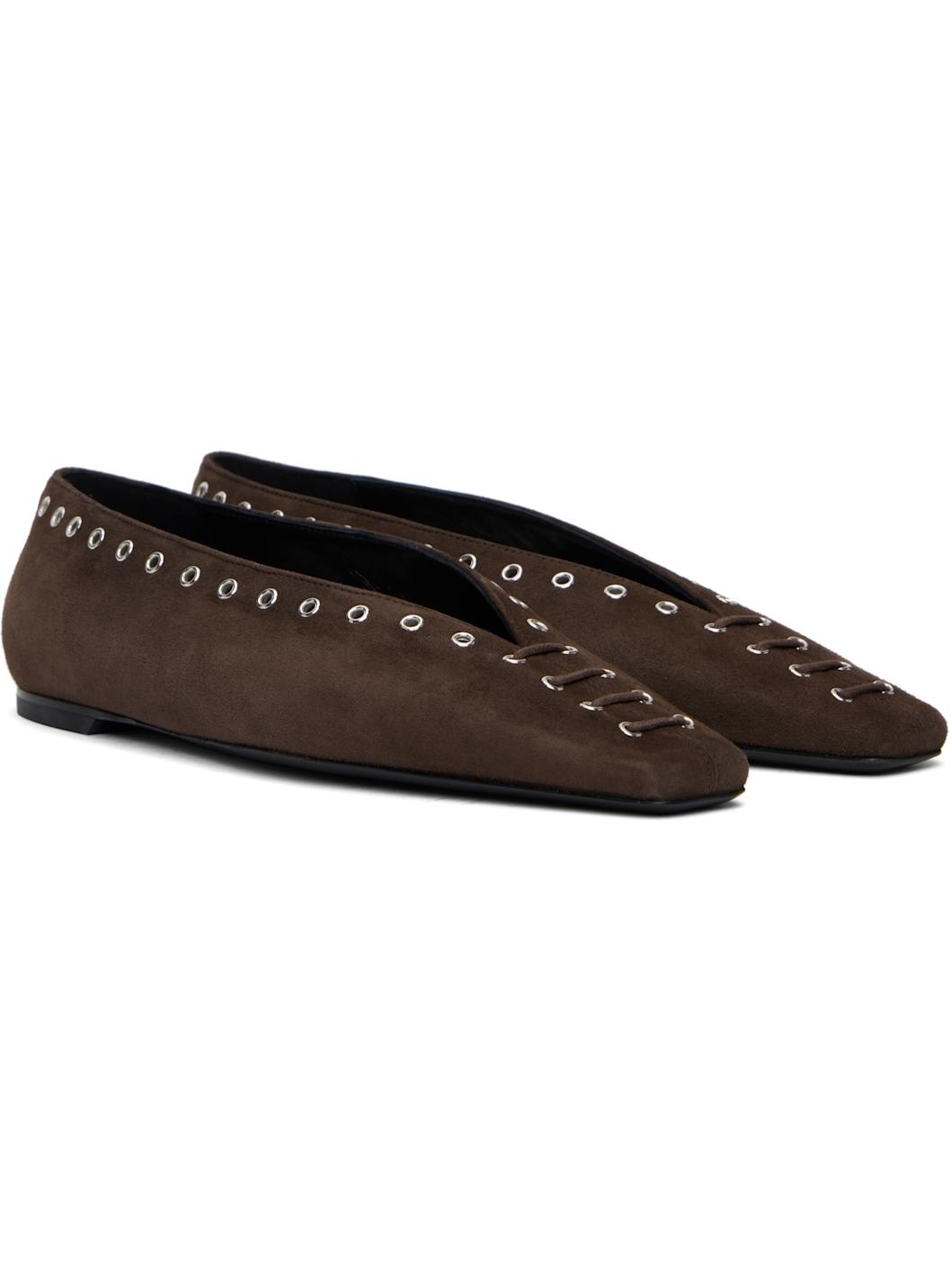 Brown Suede Lace-Up Ballerina Flats - 4