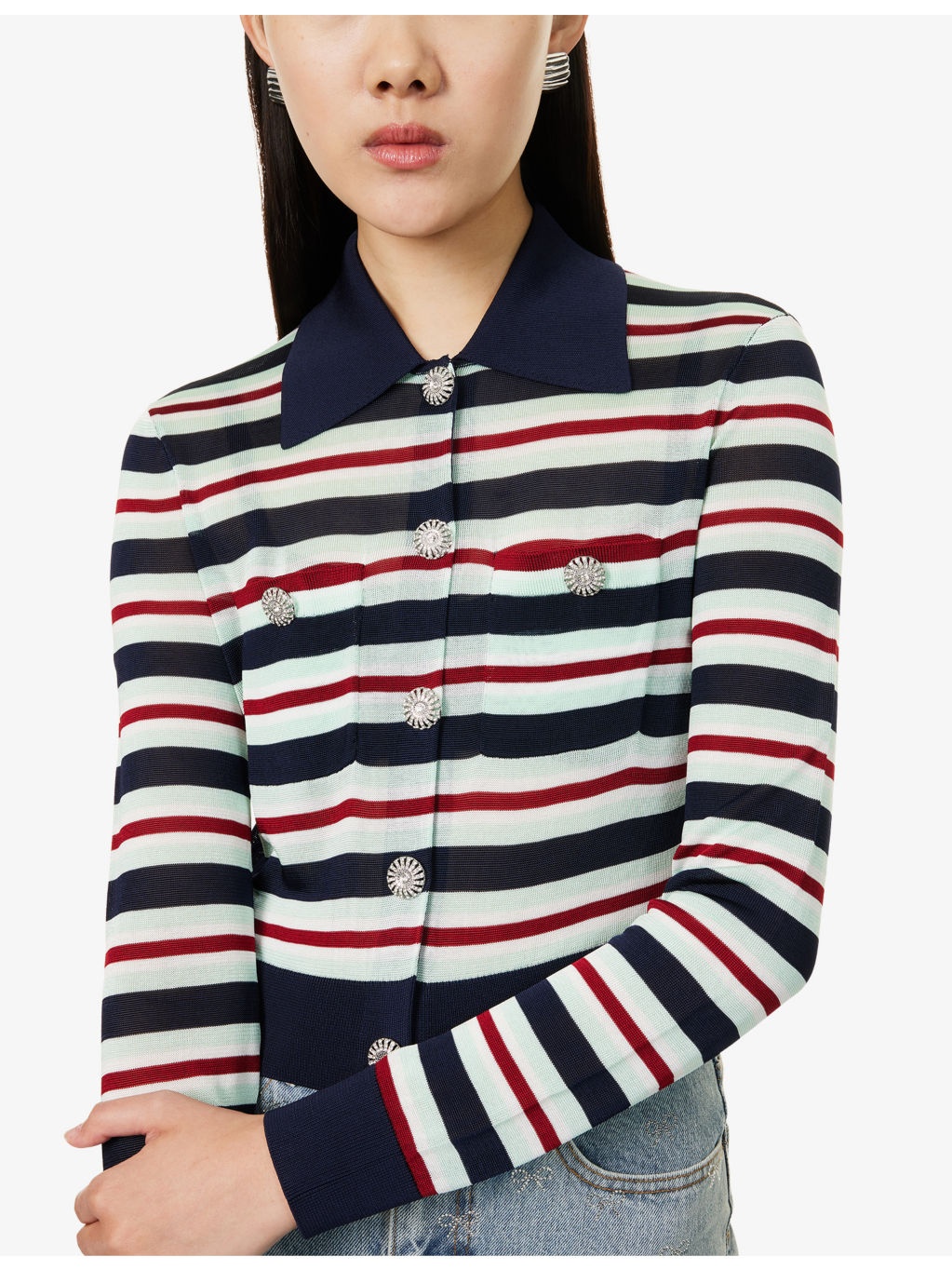 Striped Embellished Knitted Top - 5