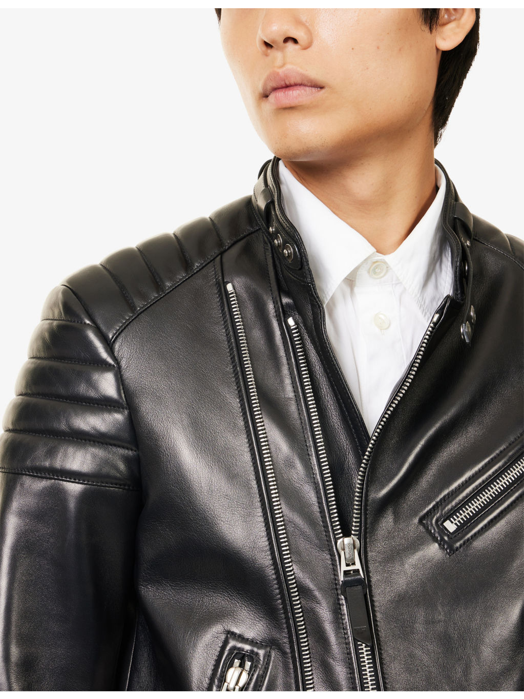 Panelled Zipped Leather Biker Jacket - 5