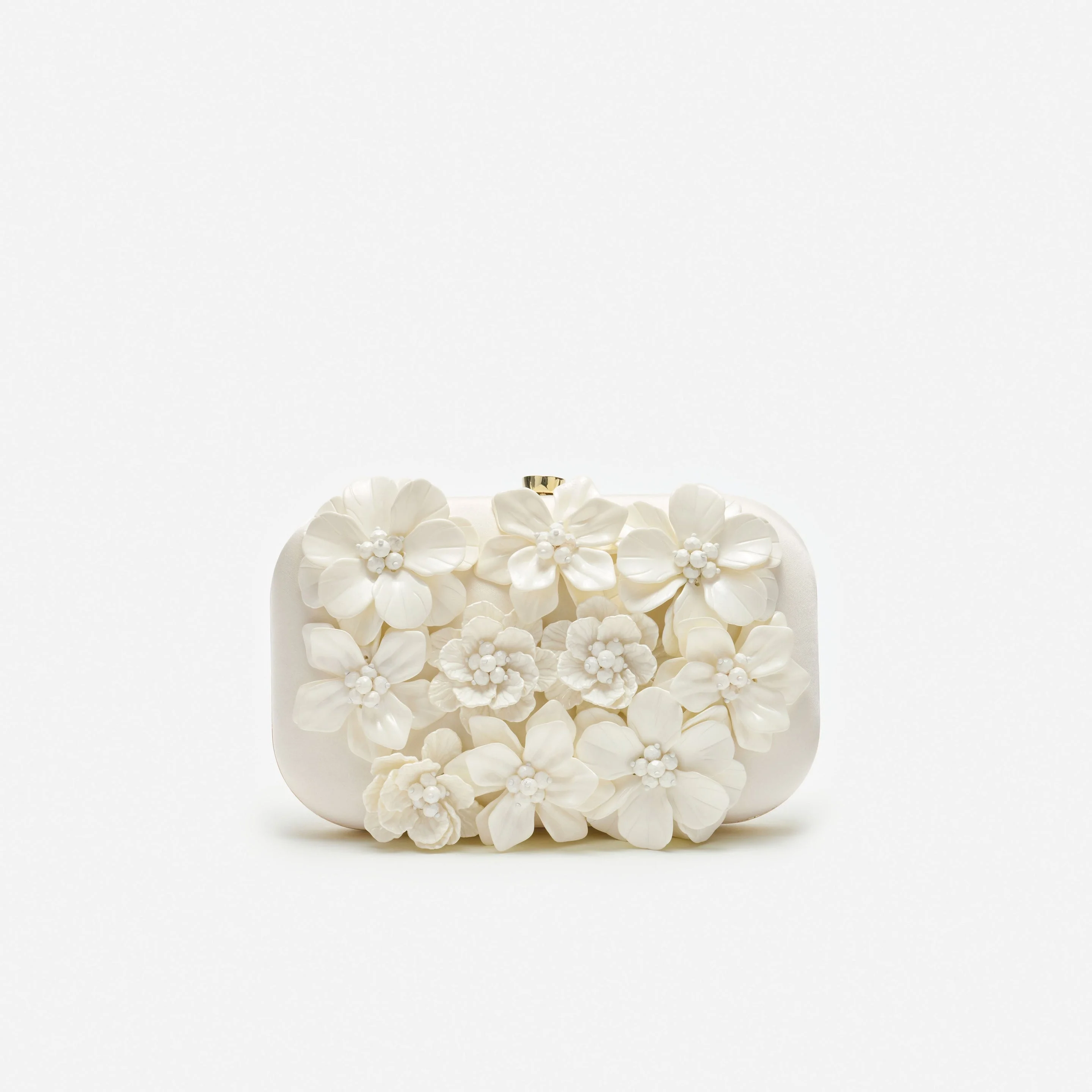 Cream Satin Floral Textured Clutch Bag - 1