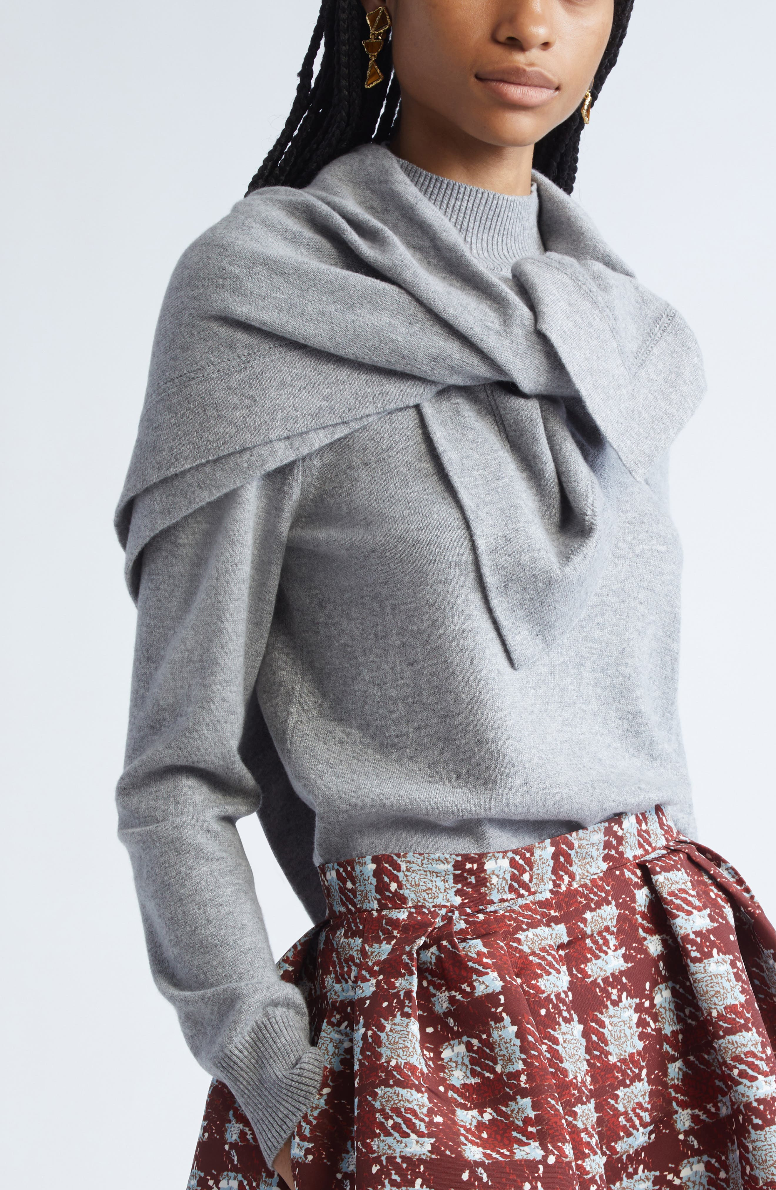 Oscar de la Renta Cashmere Sweater with Removable Scarf in Melange Grey at Nordstrom - 6