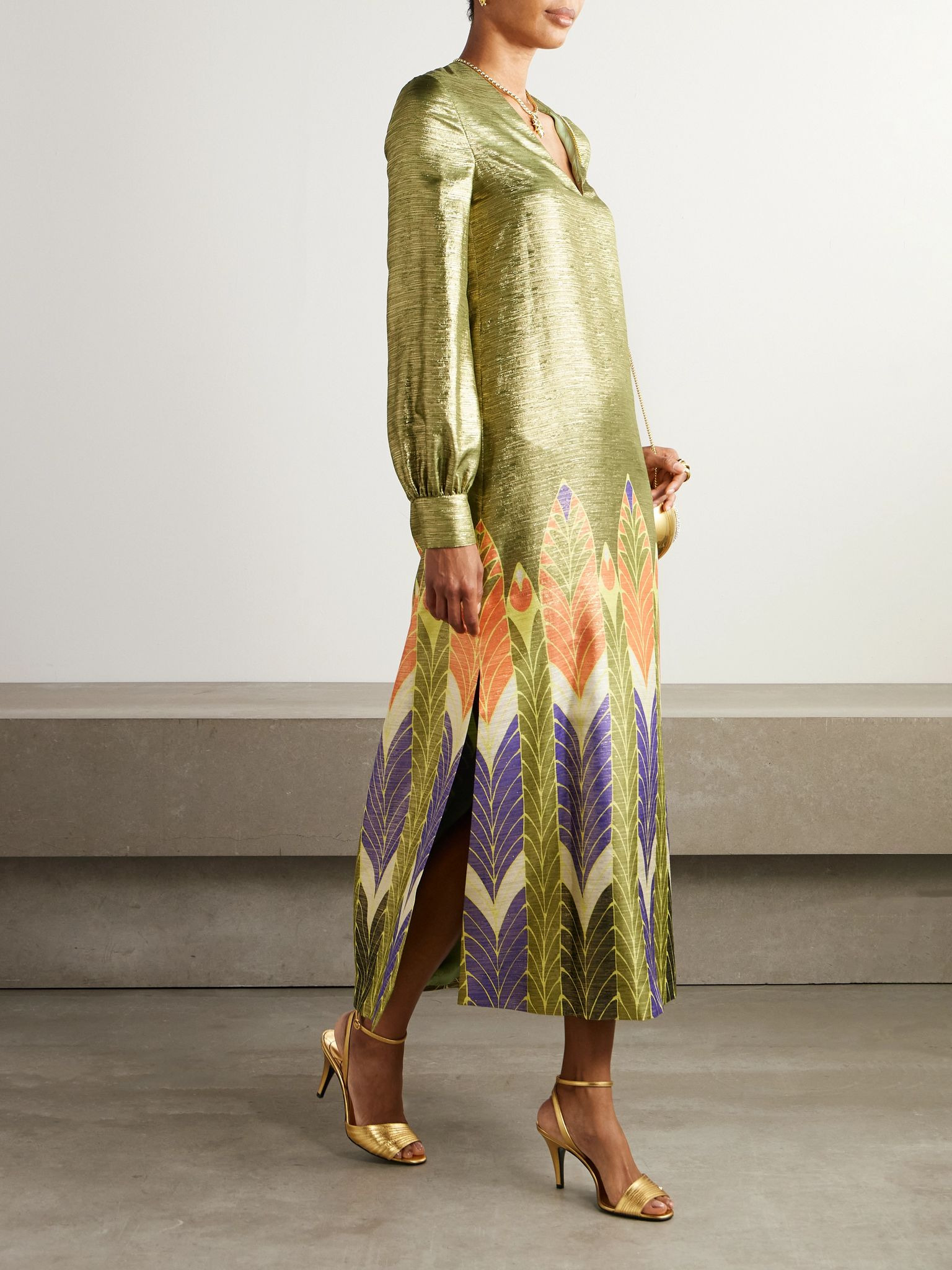 Printed metallic silk-blend midi dress Green - 2