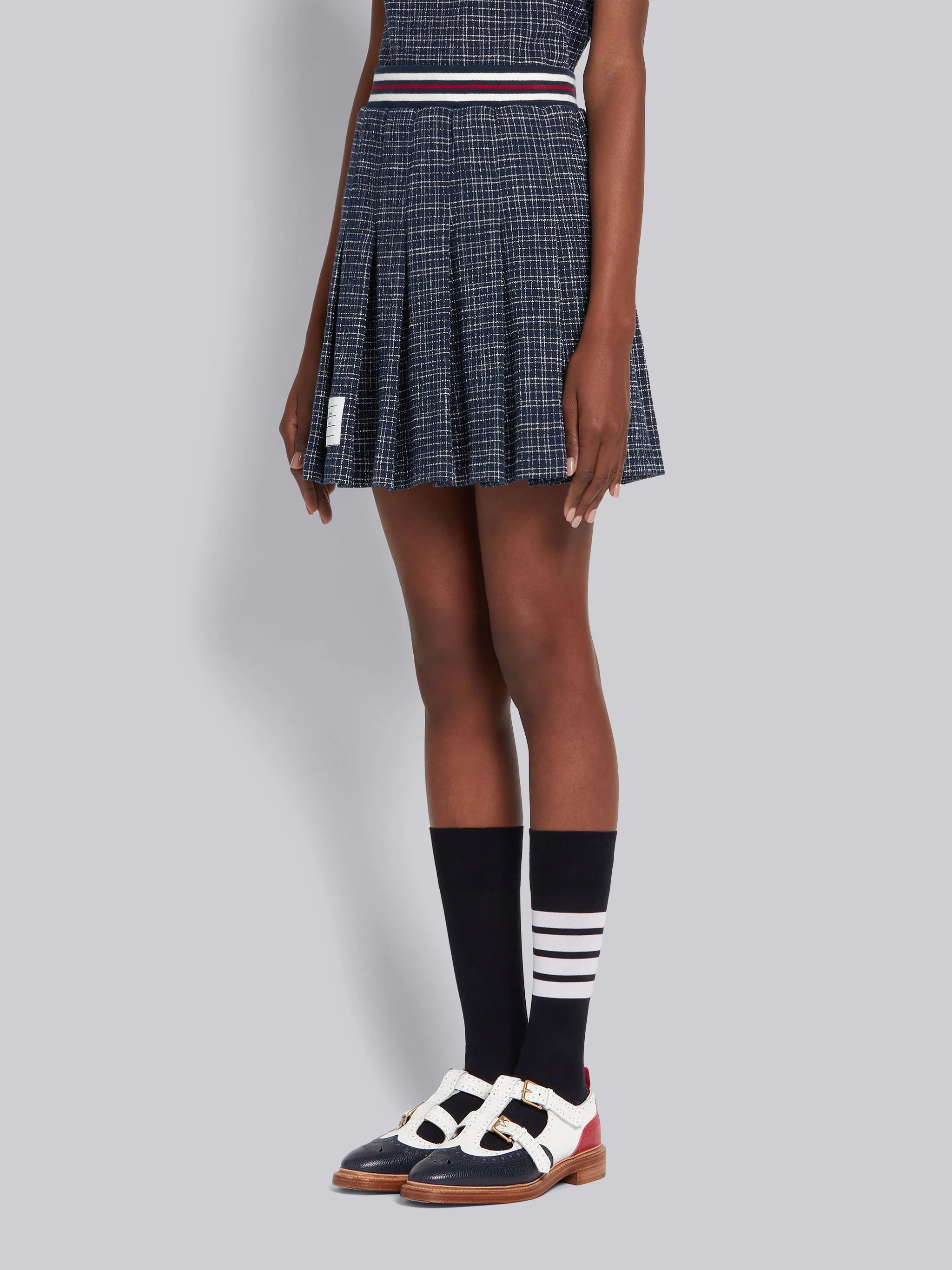Navy Textured Cotton Tweed Small Hairline Check Mini Skirt - 2