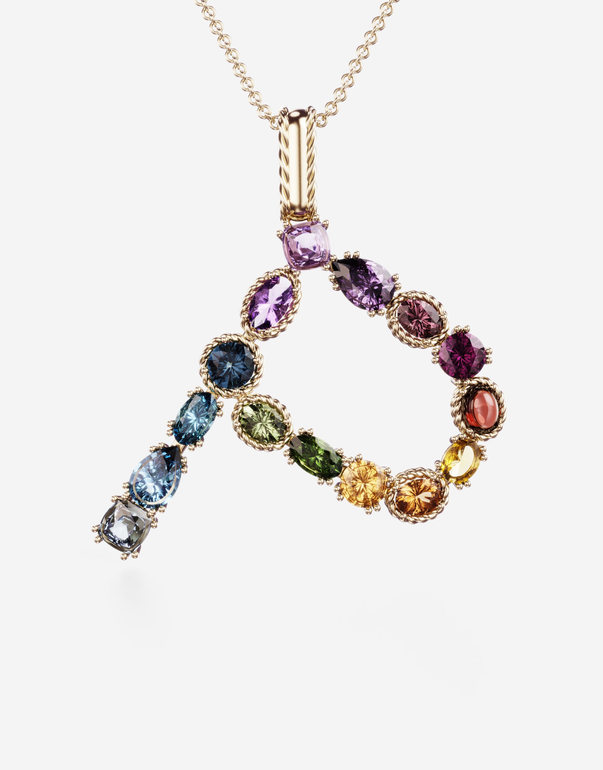 Rainbow alphabet P pendant in yellow gold with multicolor fine gems - 2