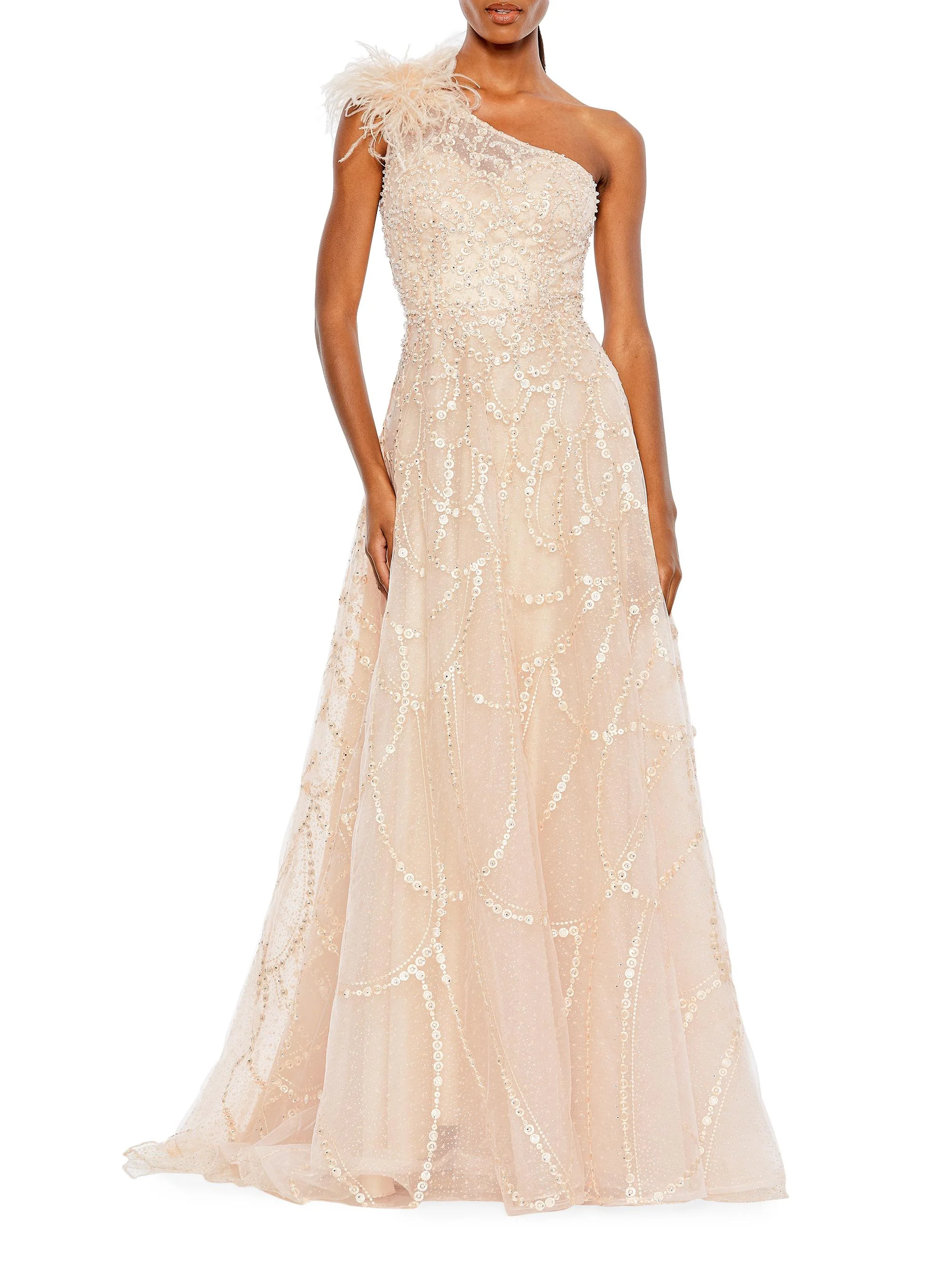 Women's Sequin & Feather-Embellished Gown - Peach - 1