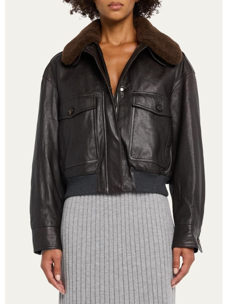 Waxed Leather Aviator Jacket With Lamb Shearling Collar 4