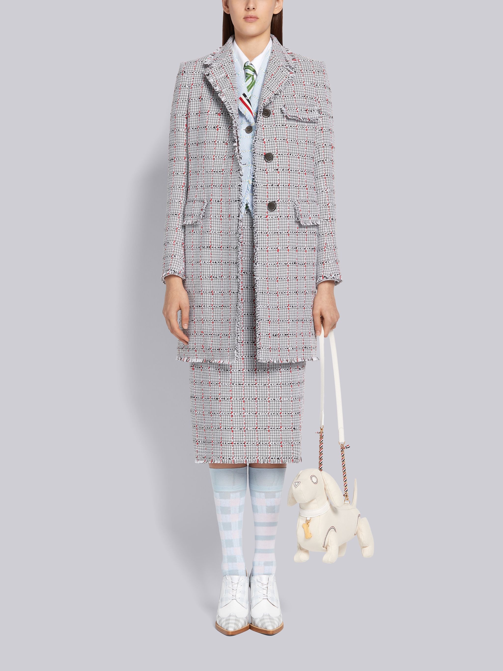 Medium Grey Cotton Windowpane University Check Tweed Frayed High Armhole Chesterfield Overcoat - 4