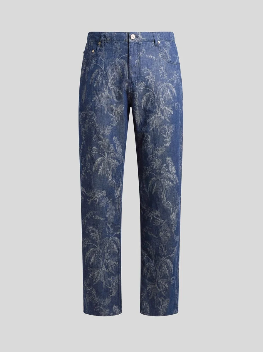 STRAIGHT-LEG JEANS IN COTTON AND LINEN JACQUARD DENIM WITH PARROT AND PALM TREE MOTIF - 1