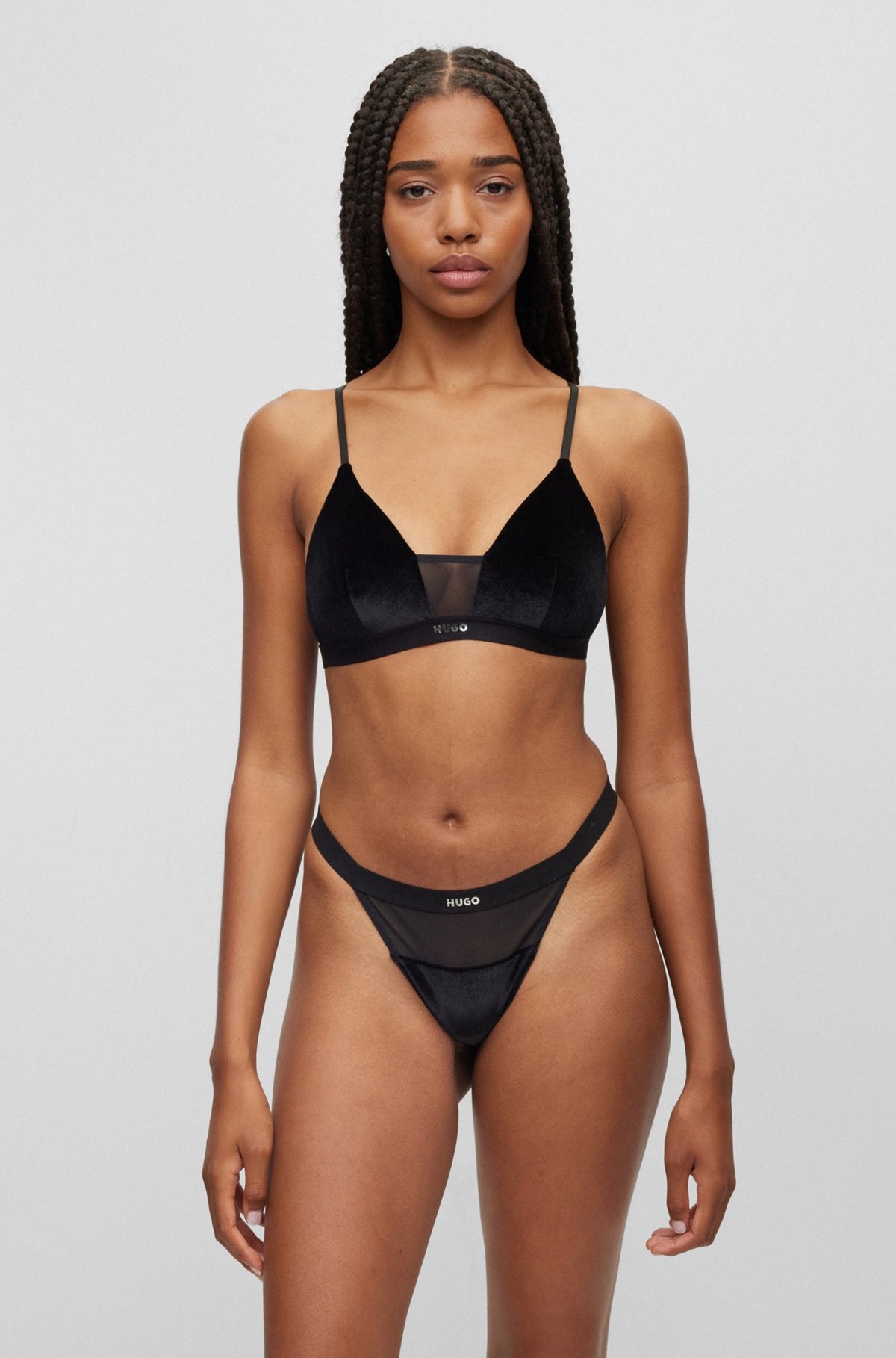 VELVET-DETAIL TRIANGLE BRA WITH LOGO WAISTBAND - 2