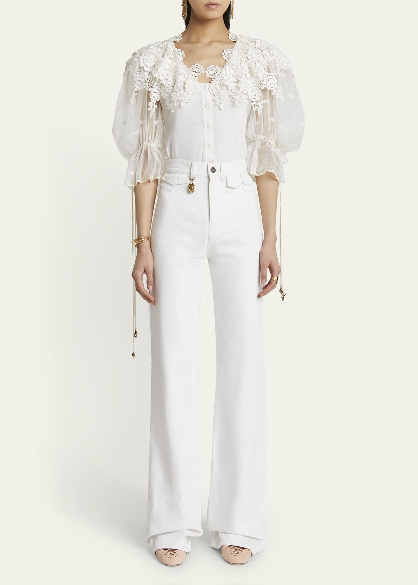 Puff-Sleeve Guipure Lace Bodysuit - 2