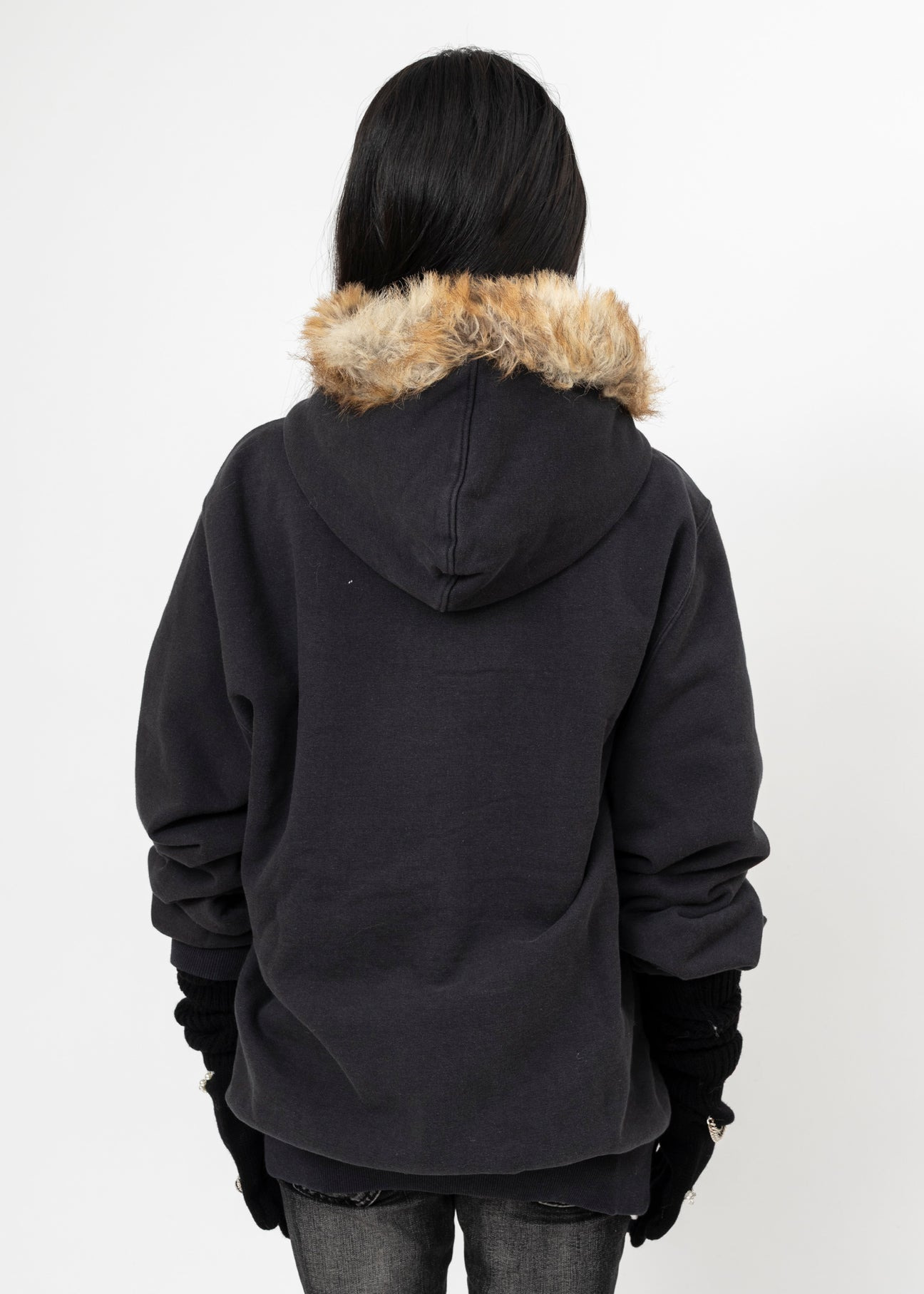 BLACK DOUBLET FURRY COLLAR ZIP-UP HOODIE - 3