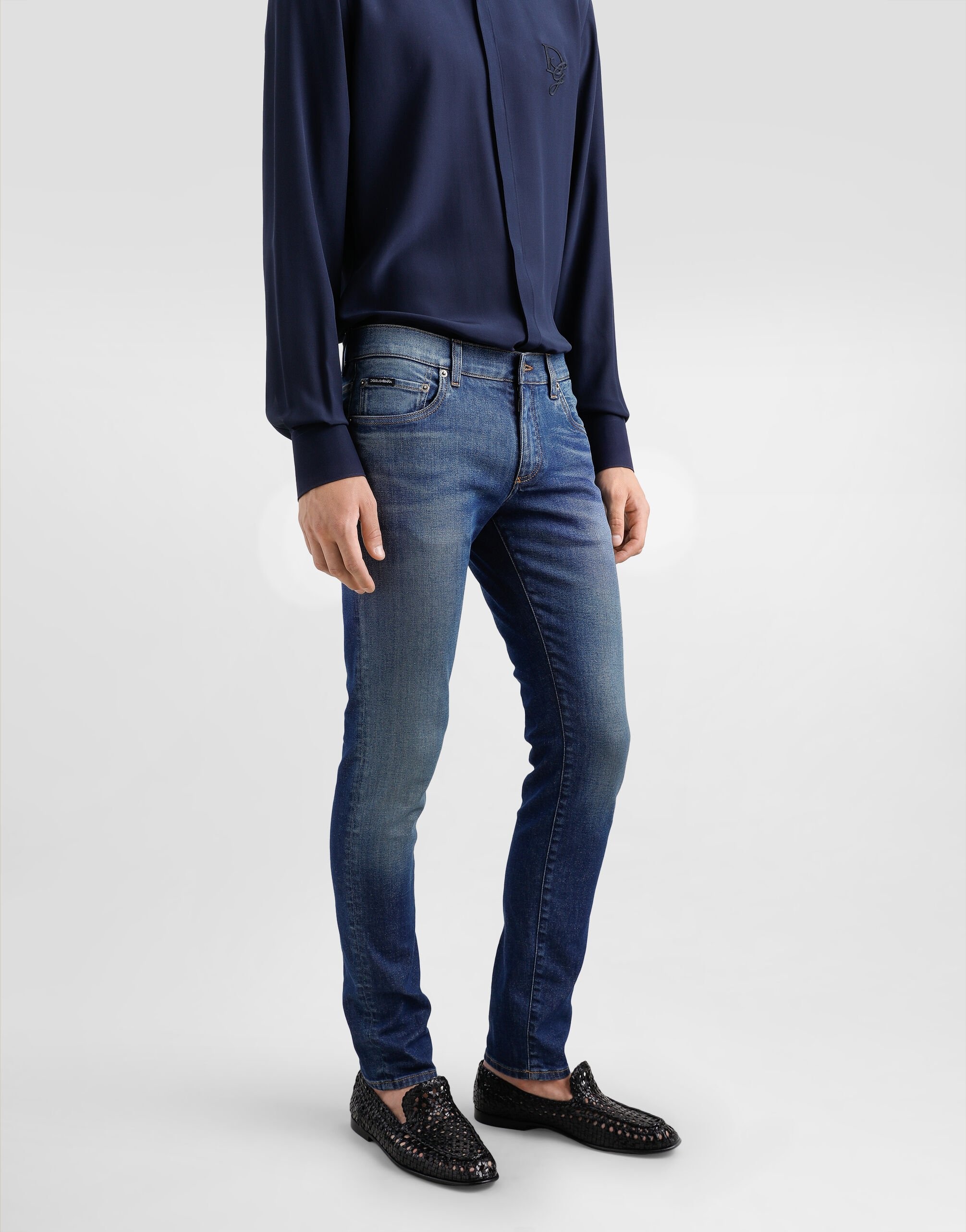 Skinny stretch cotton jeans with logo embroidery - 4