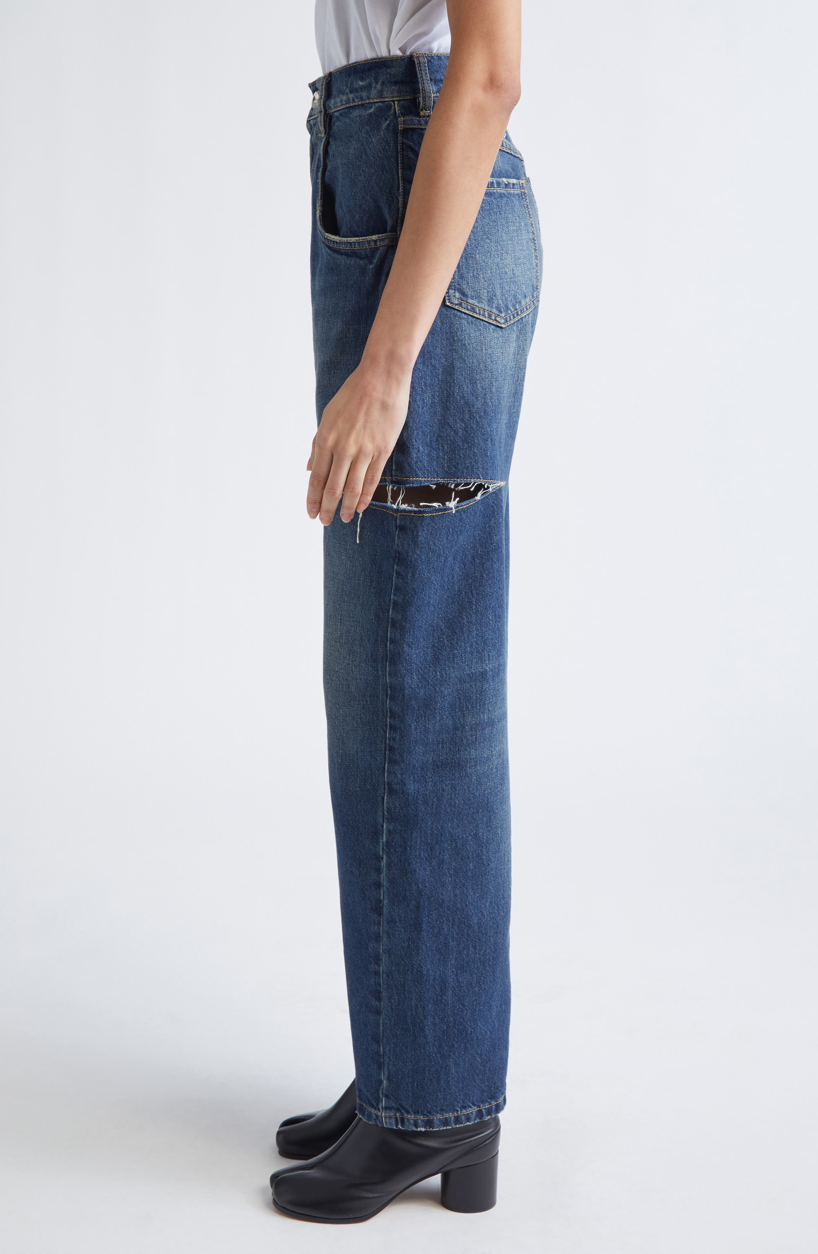 Maison Margiela Ripped Cutout High Waist Straight Leg Jeans in Washed Indigo at Nordstrom - 4