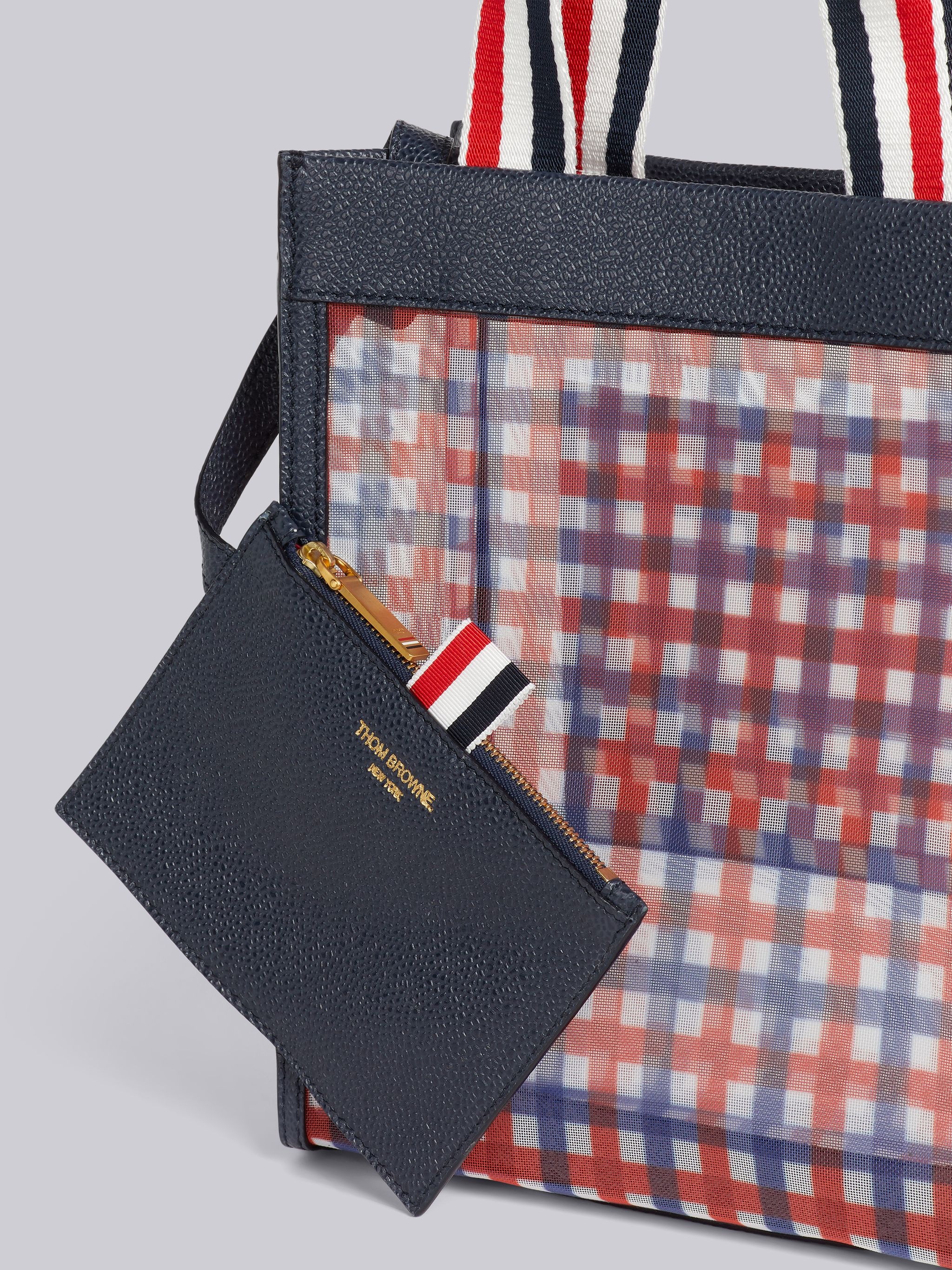 Multicolor Gingham Printed Mesh Paper Label Stripe Handle Small Tote - 2