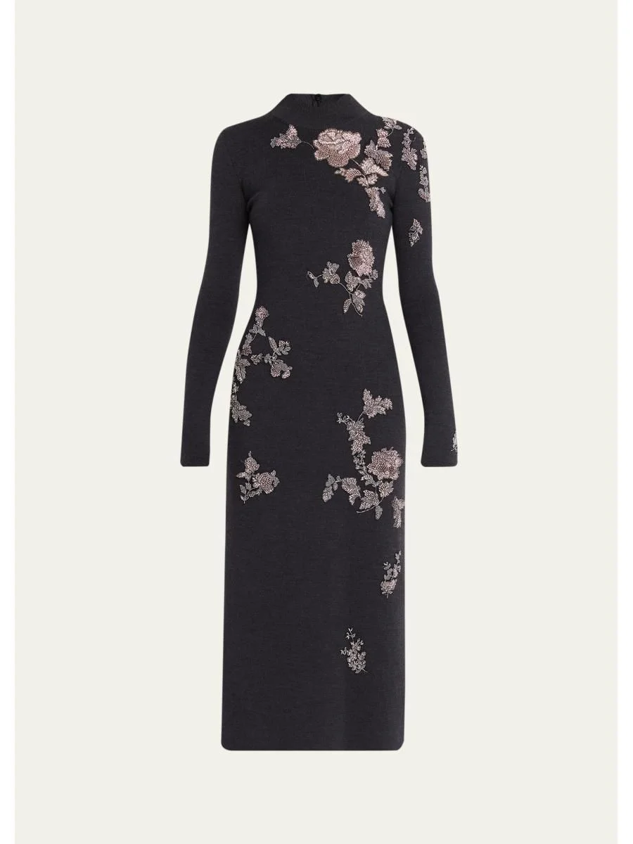 Floral Embroidered Knit Long-Sleeve Midi Dress - 1