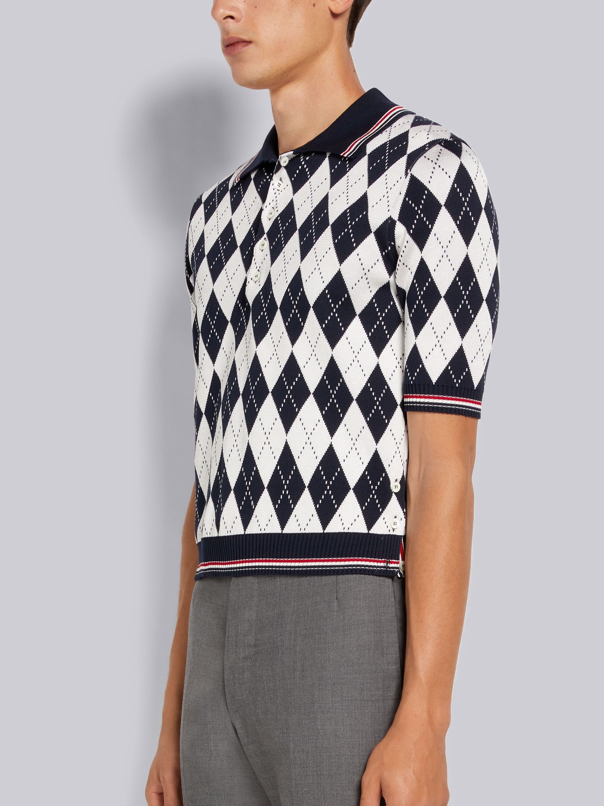Navy Argyle Cotton Silk Stripe Tipping Polo - 2
