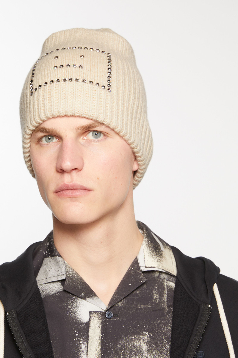 Acne Studios Embellished Face square beanie - Oatmeal melange outlook