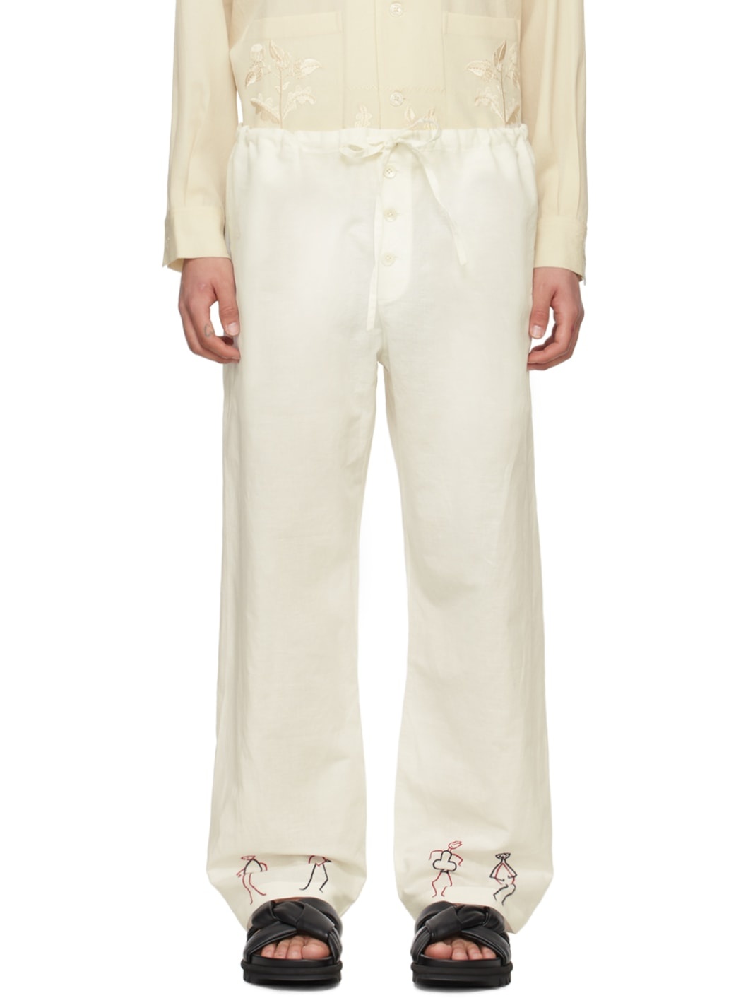 White Embroidered Blackjack Trousers - 1