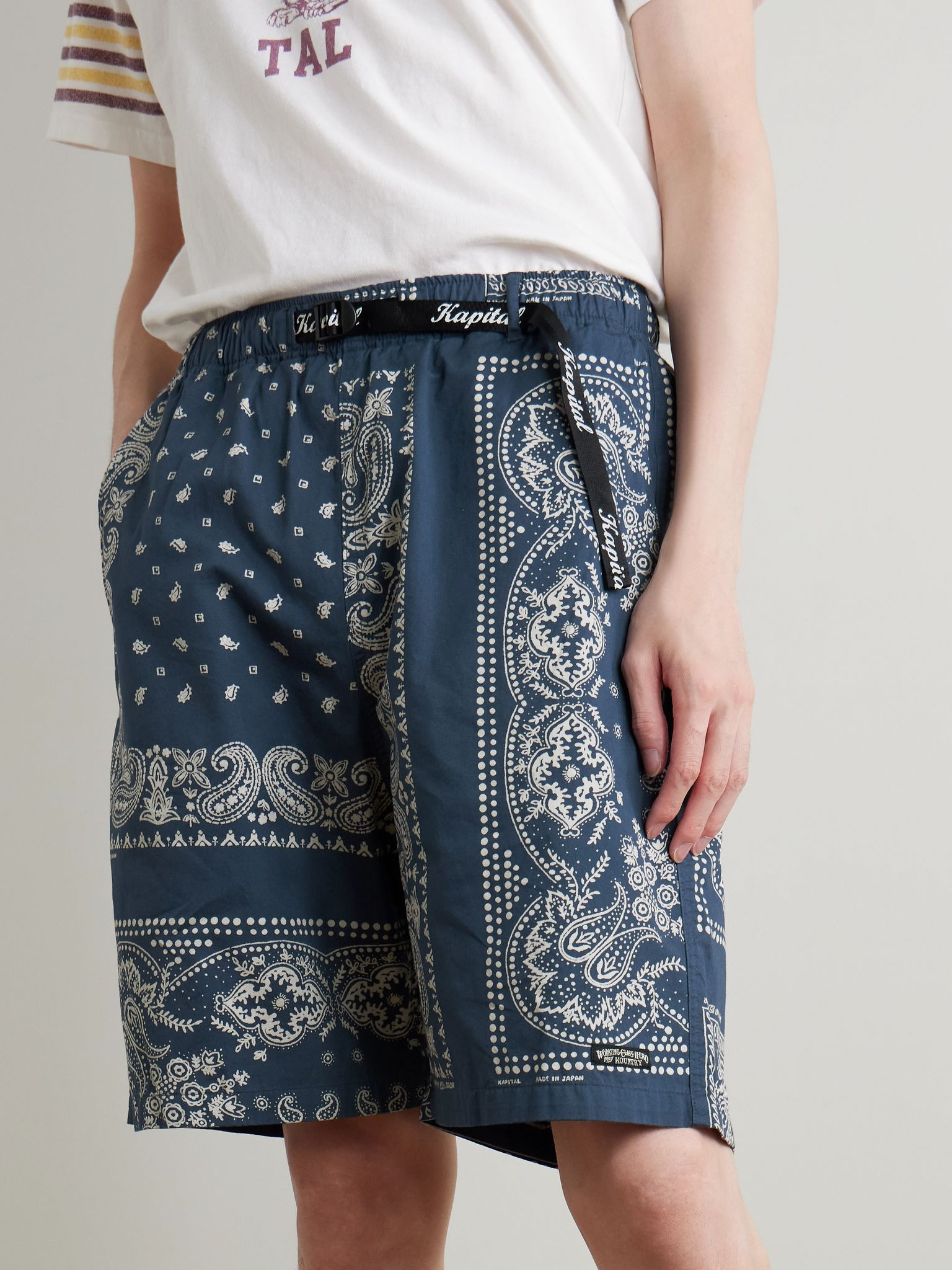 Straight-Leg Belted Bandana-Print Patchwork Cotton-Twill Shorts Navy - 3