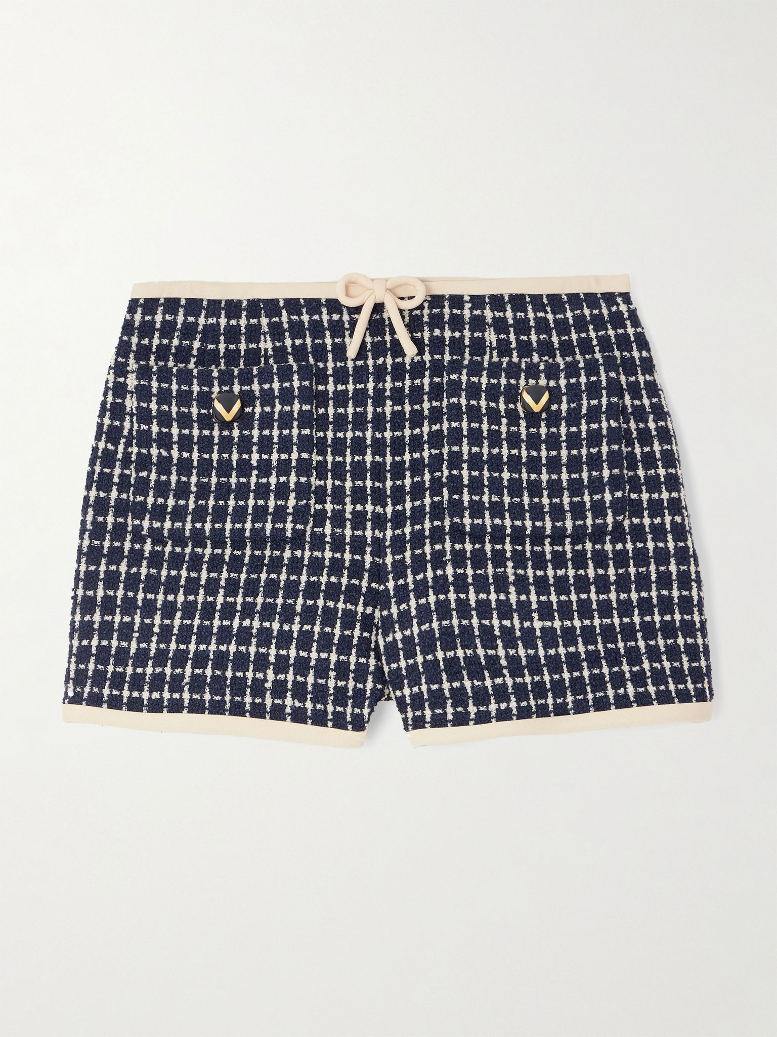 Button-embellished checked wool-blend bouclé shorts Blue - 1