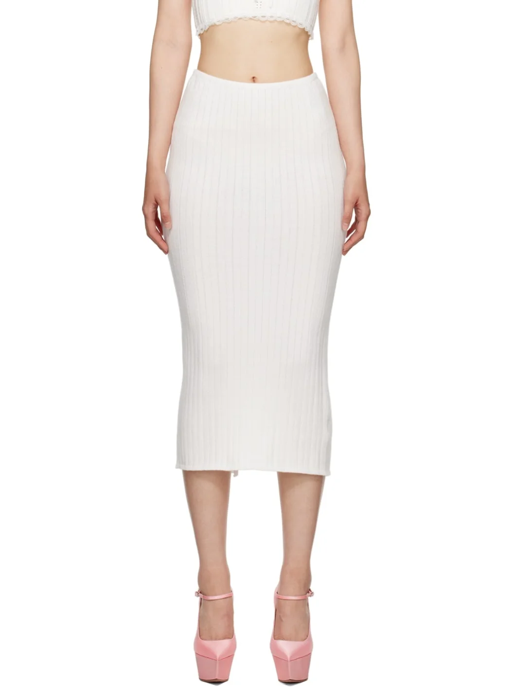 White Ribbed Midi Skirt - 1