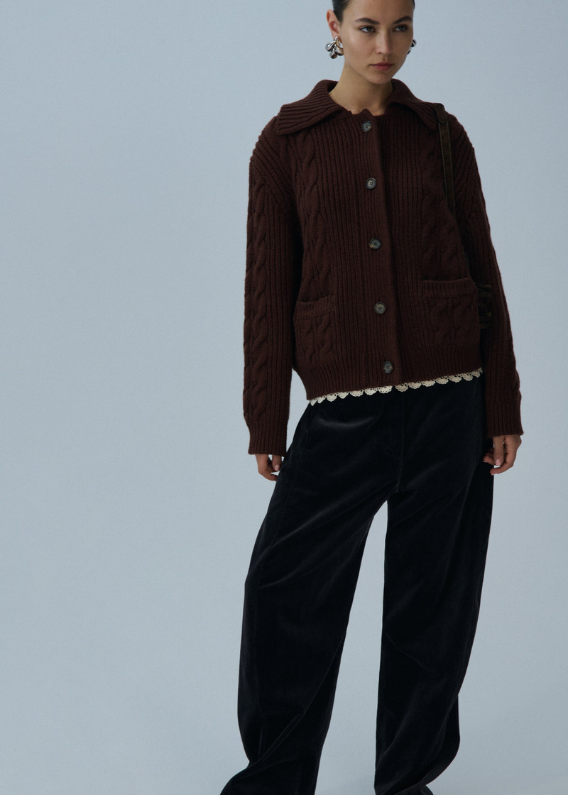 MAGDA BUTRYM Lace-detail cable knit cardigan jacket in brown outlook