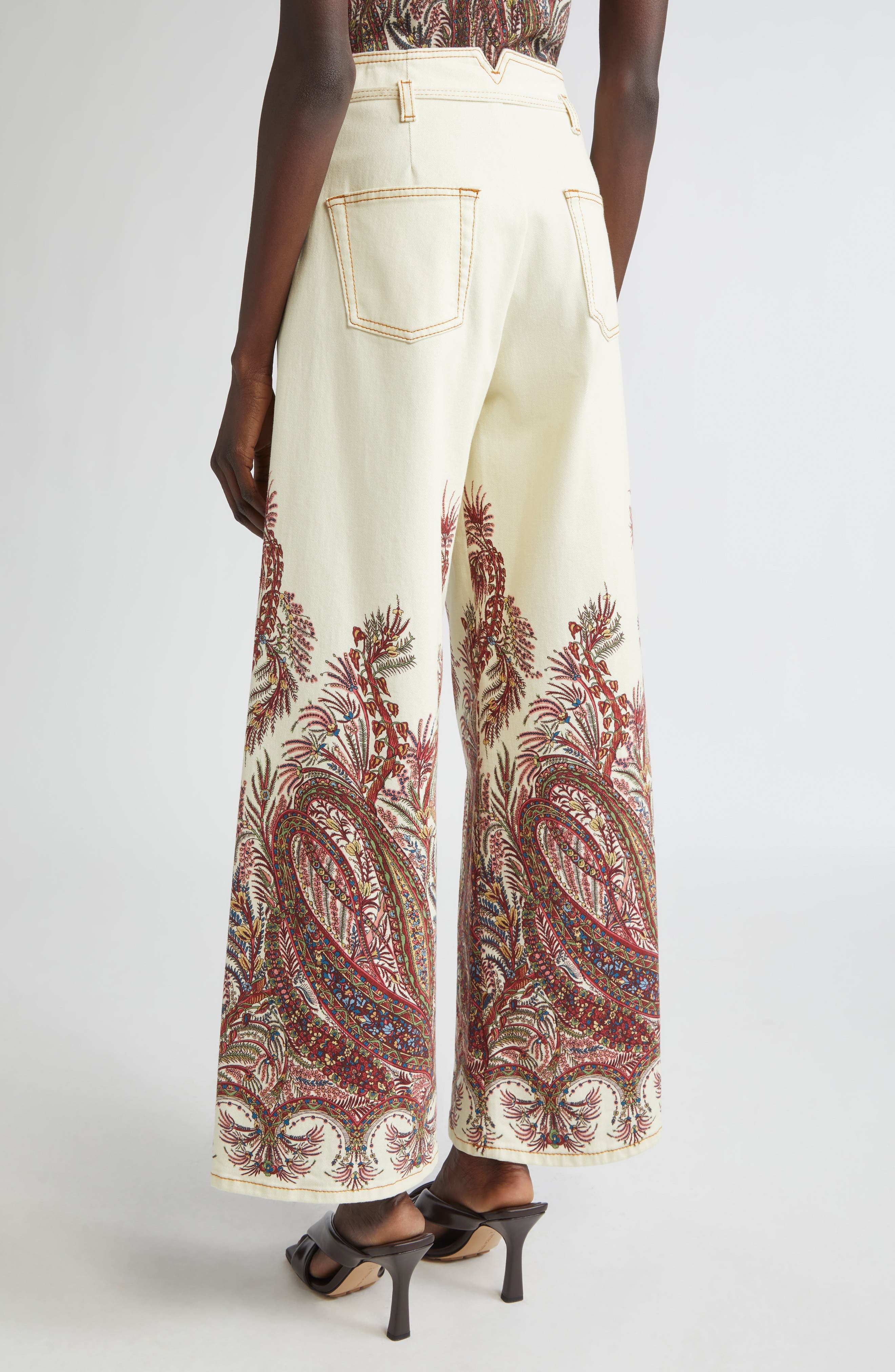 Etro Paisley Floral Belted Wide Leg Jeans in Print On White Base at Nordstrom - 3