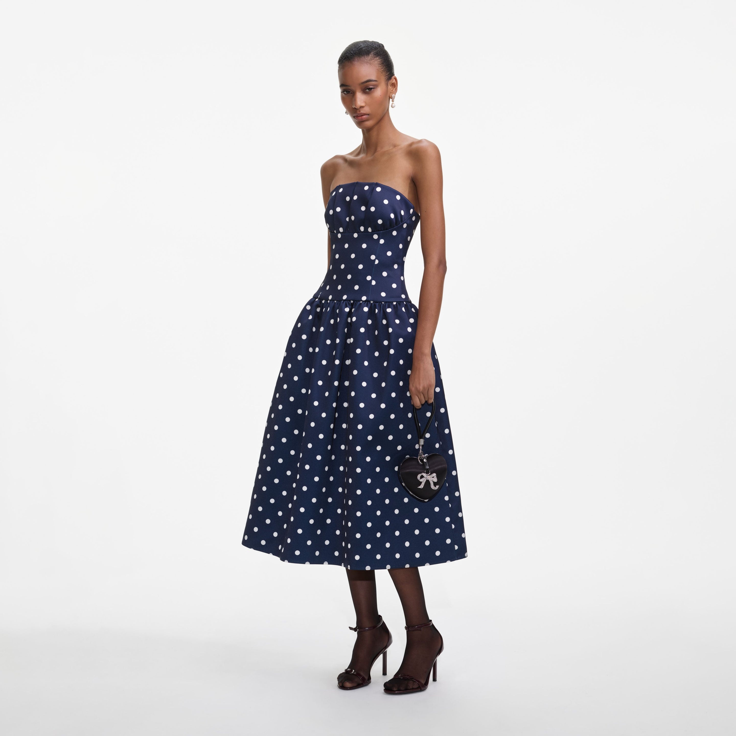 Navy Polka Dot Satin Midi Dress - 2