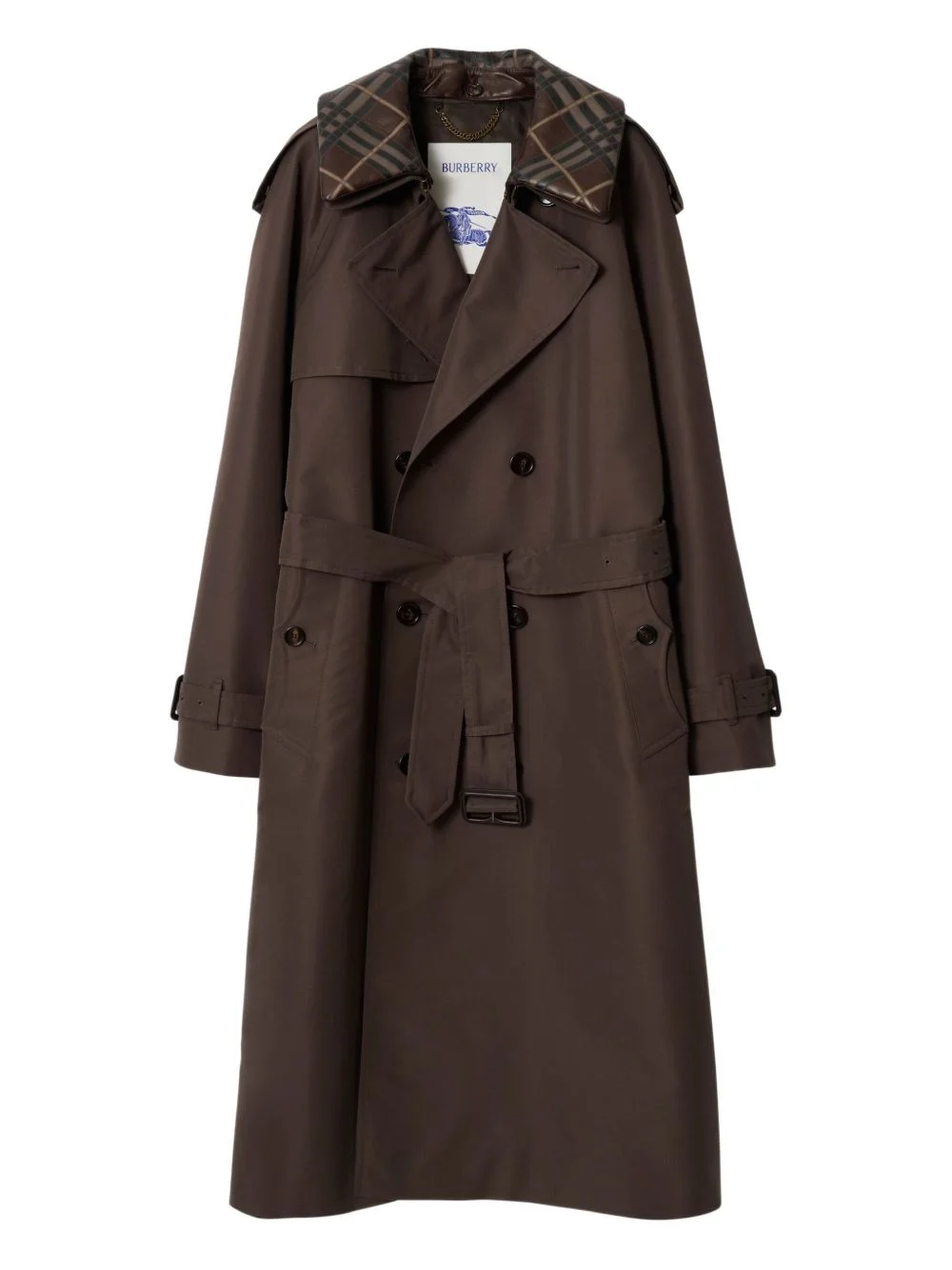 checked-collar belted trench coat - 1