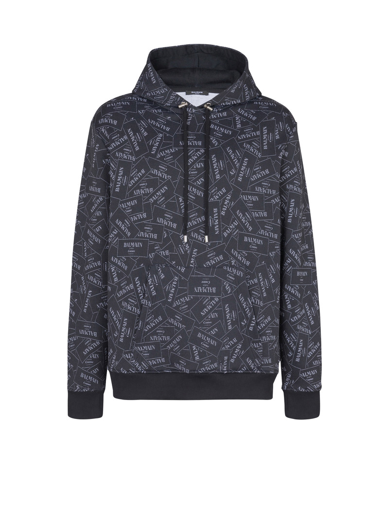 Hoodie with all-over Balmain label print 1