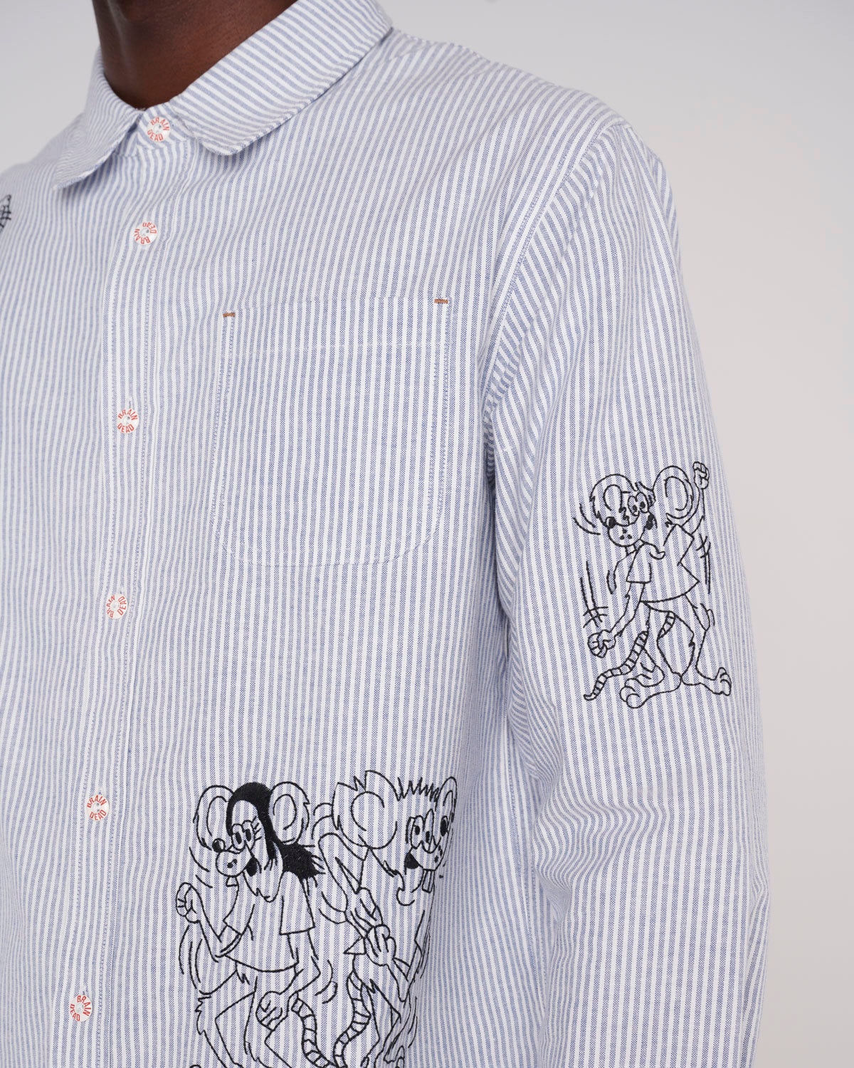 Striped Embroidered Mouse Button Up Shirt - Blue - 7