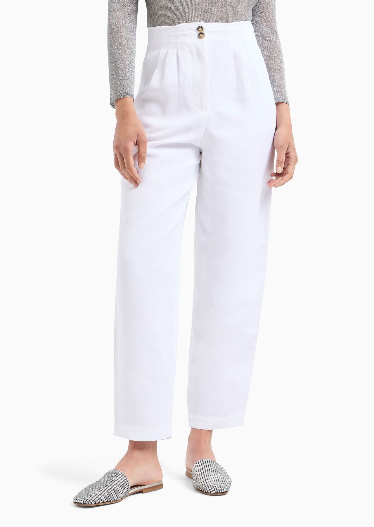High-waist oval-leg darted trousers in linen-blend shantung - 2
