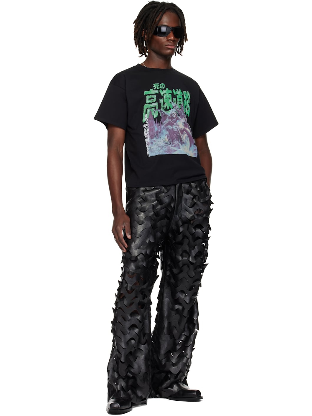 Black Laser Cut Wide-Leg Faux-Leather Pants - 5