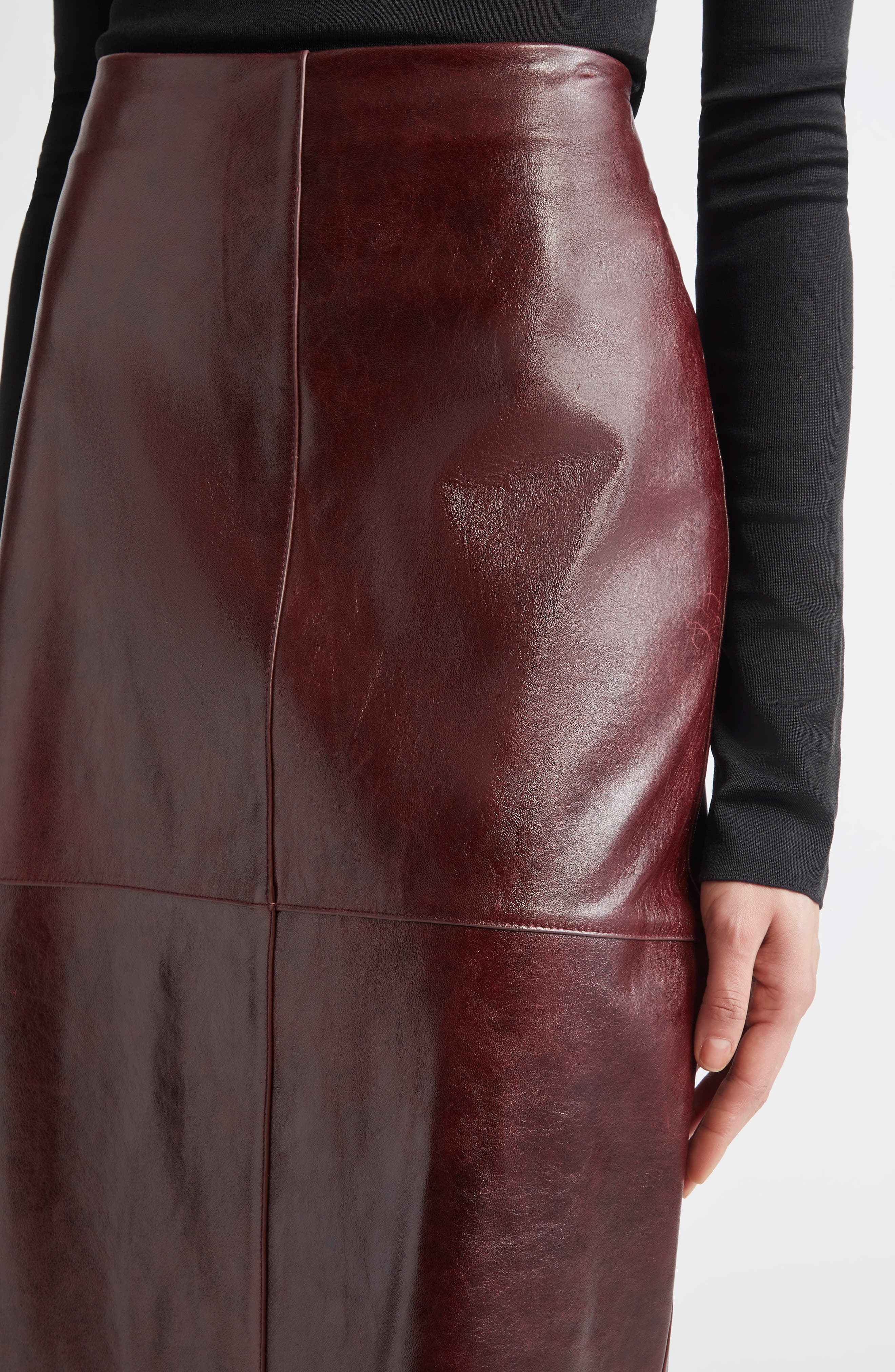 SPORTMAX Afa Lambskin Leather Midi Skirt in Bordeaux at Nordstrom - 4
