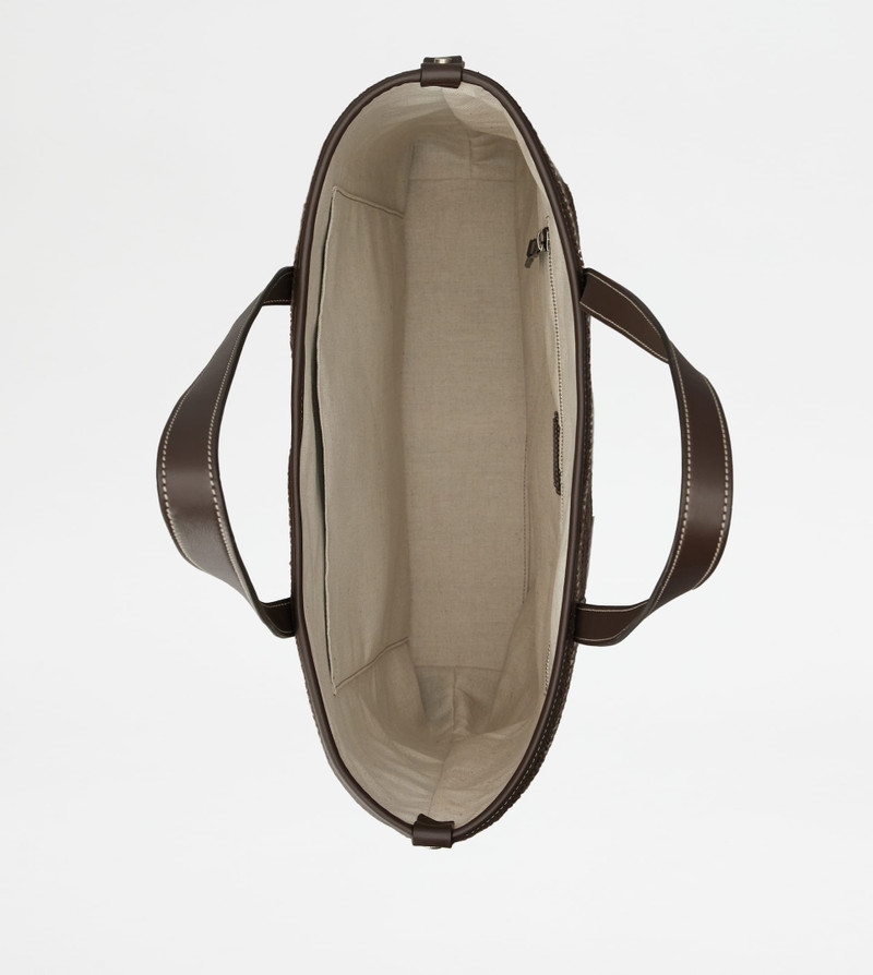 SHOPPING BAG IN FABRIC AND LEATHER MEDIUM - BROWN 5