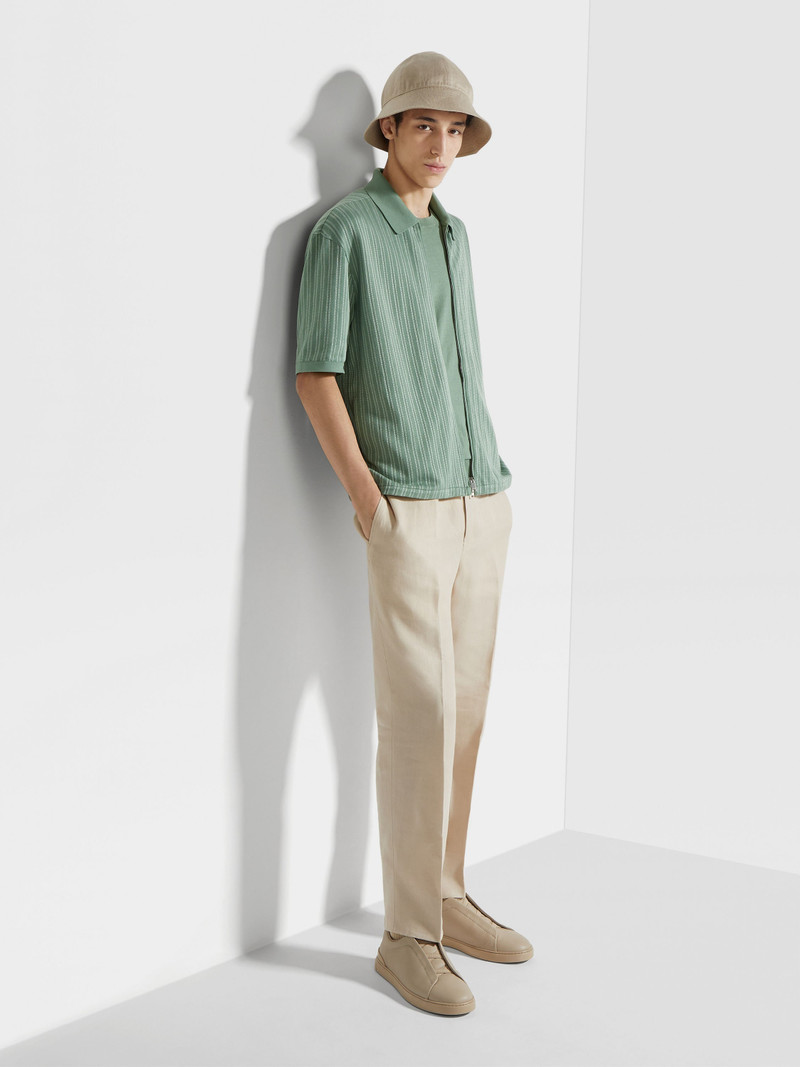 SAGE GREEN AND LIGHT GREEN COTTON AND SILK POLO SHIRT 3