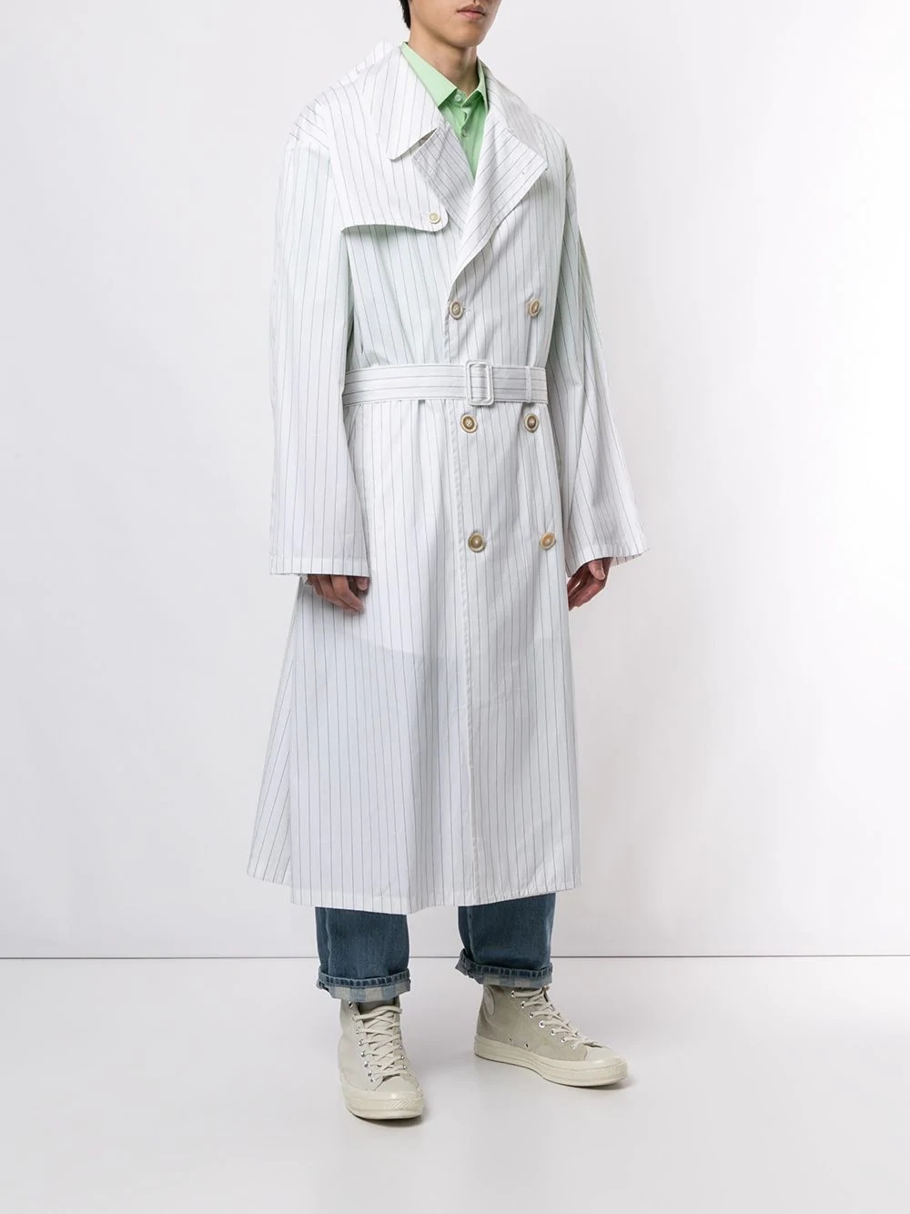 pinstriped belted trench coat - 3