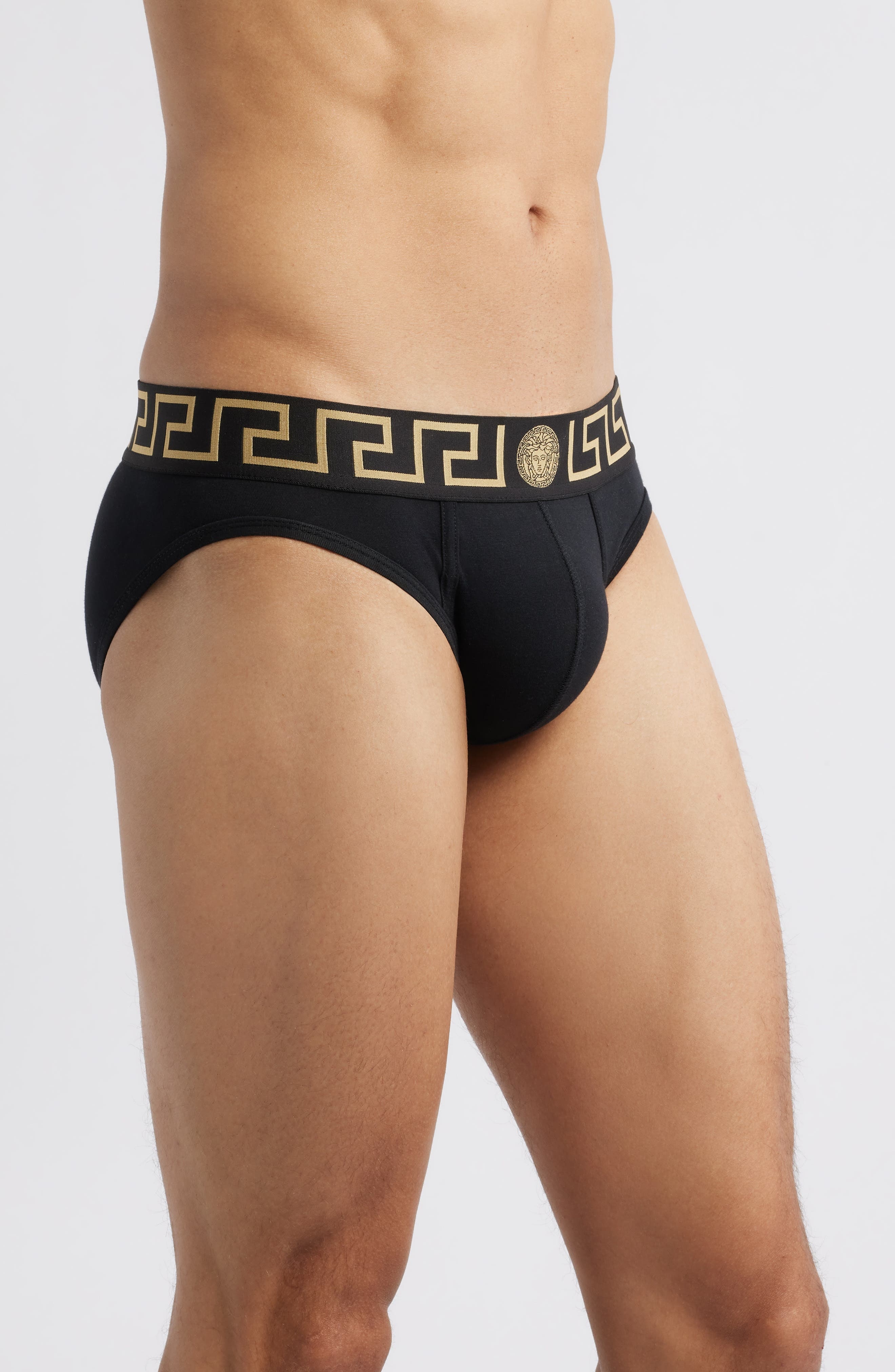Versace 2-Pack Greca Border Stretch Cotton Briefs in Black Gold Greek Key at Nordstrom - 3