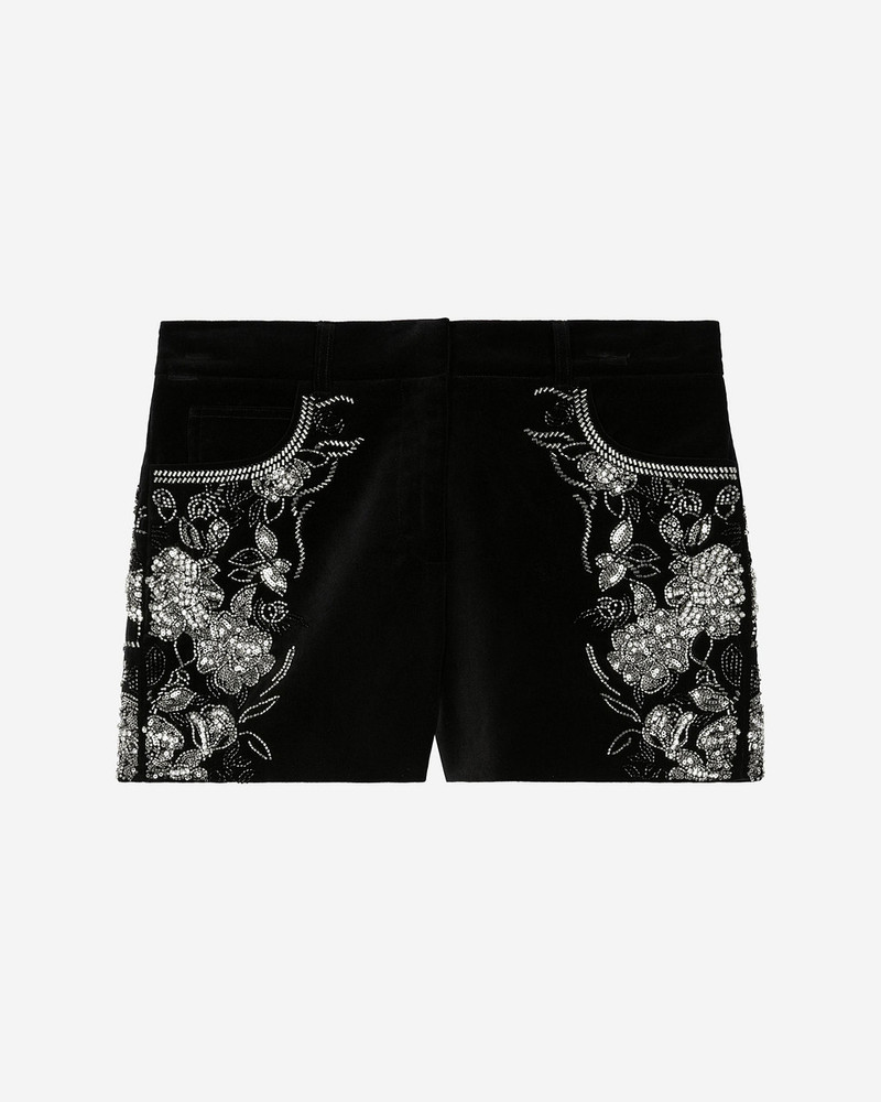 BLACK VELVET SHORTS EMBROIDERED WITH RHINESTONES AND PEARLS 1
