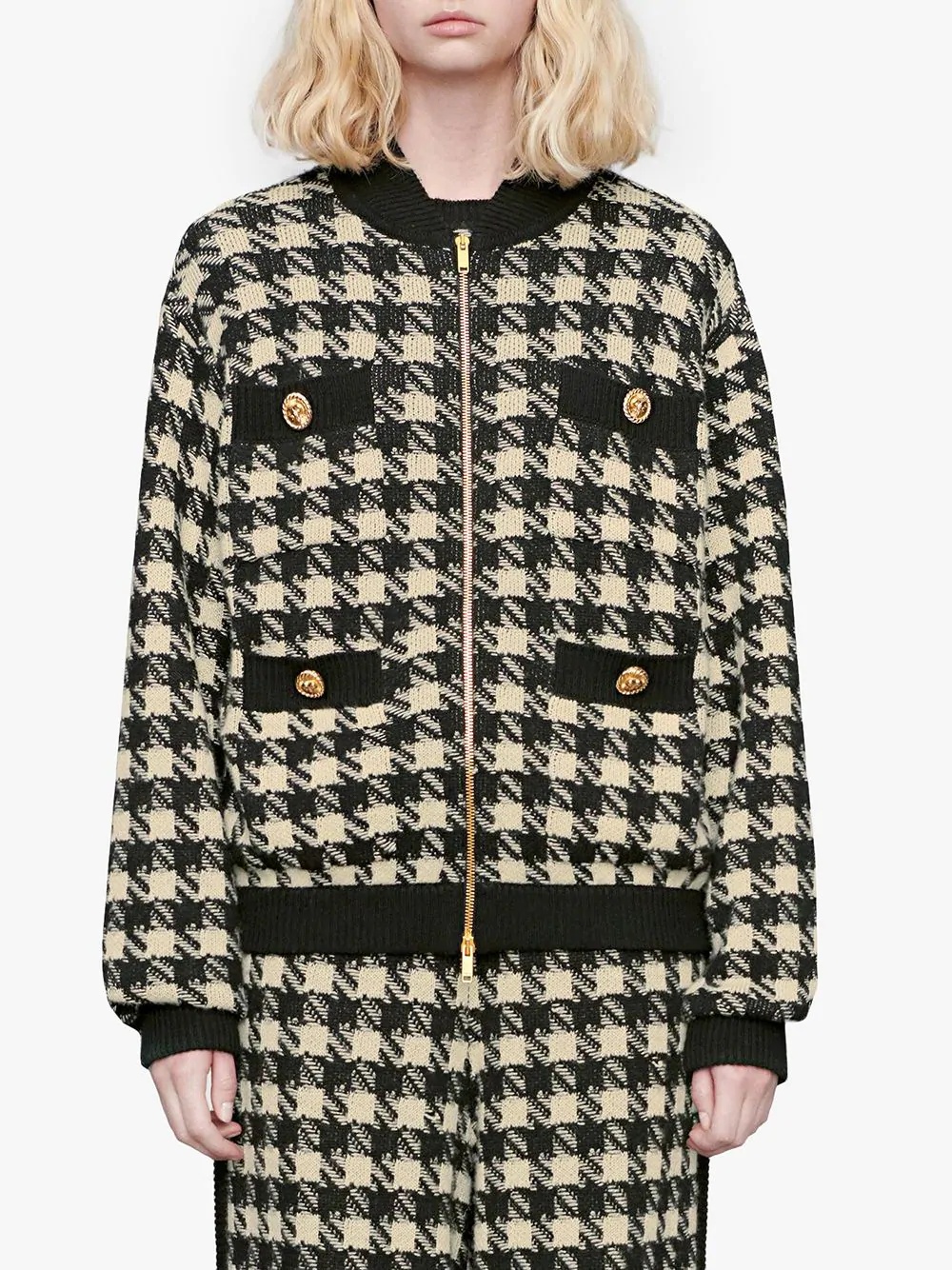 houndstooth pattern bomber jacket - 3