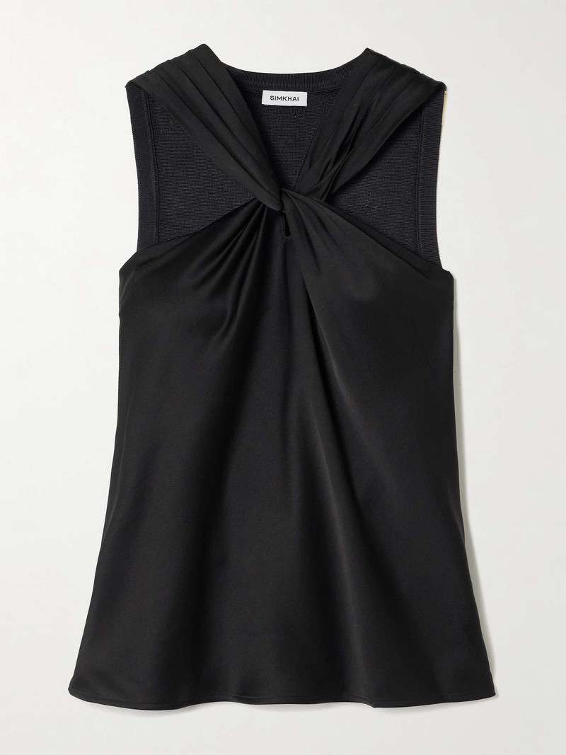 Ria twist-front satin and ribbed-knit top Black 1