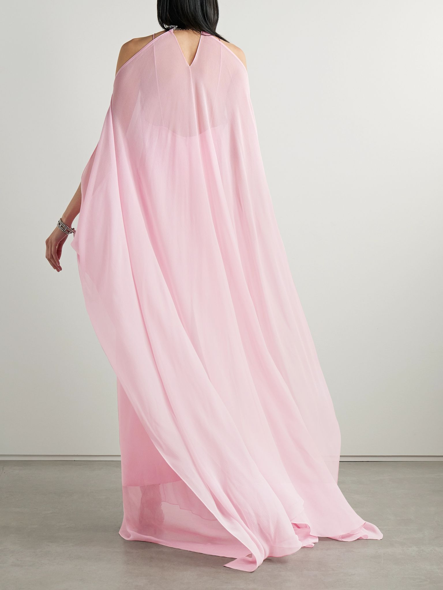 Sza Sza cape-effect cold-shoulder crystal-embellished silk-crepon gown Pink - 3