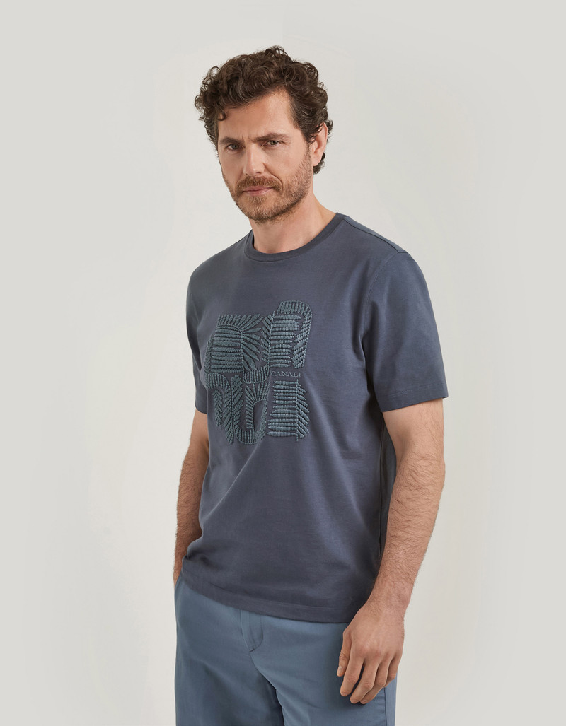 Canali AVIO COTTON JERSEY T-SHIRT WITH RIBBED COLLAR AND GRAPHIC EMBROIDERY outlook