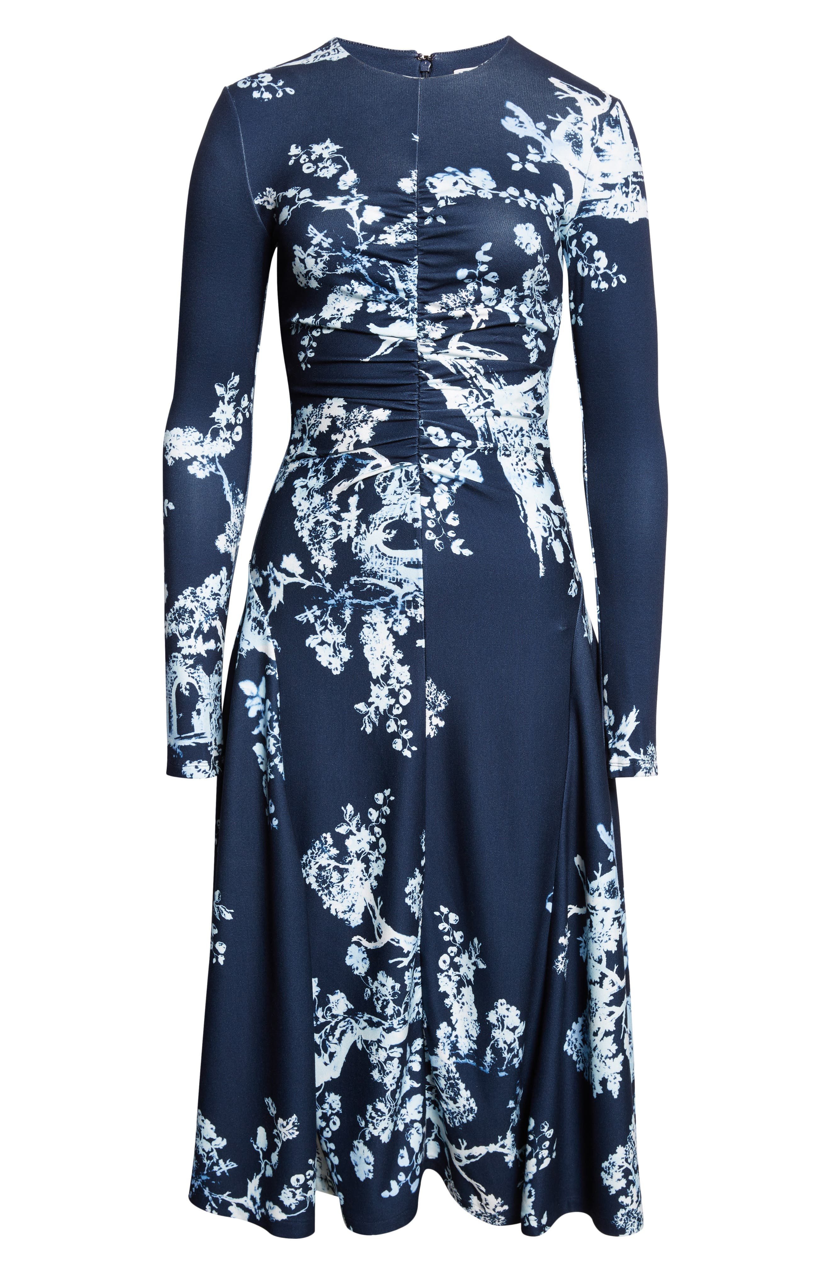 Erdem Print Long Sleeve Gathered Ponte Jersey Midi Dress in Cyanotype Etching Navy at Nordstrom - 1