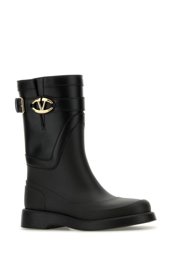 ロングブーツ VALENTINO GARAVANI Black Leather And Rubber Vlogo Boots Valentino Garavani VLogo Signature leather rain boots