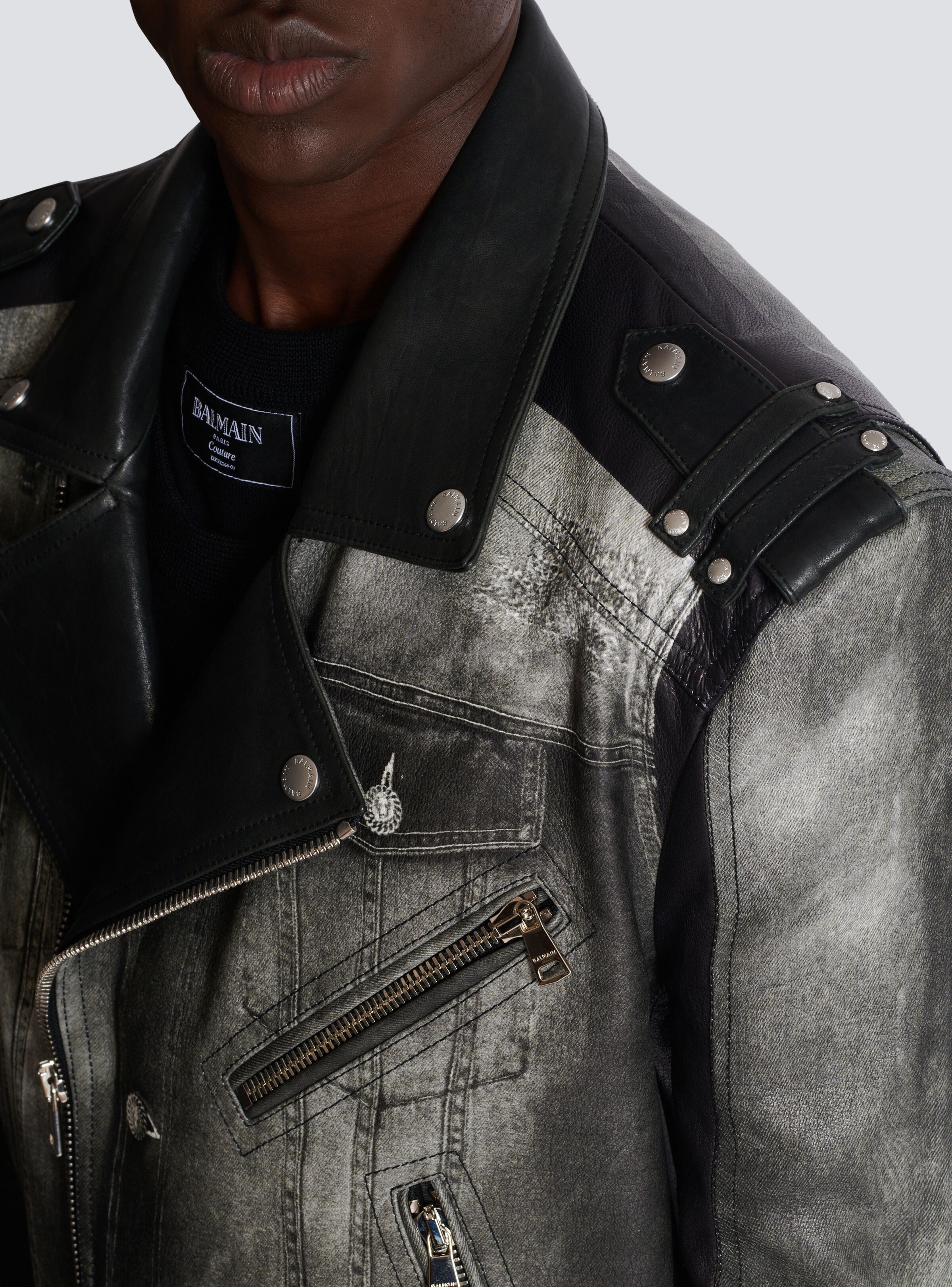 Leather biker jacket with denim print - 9