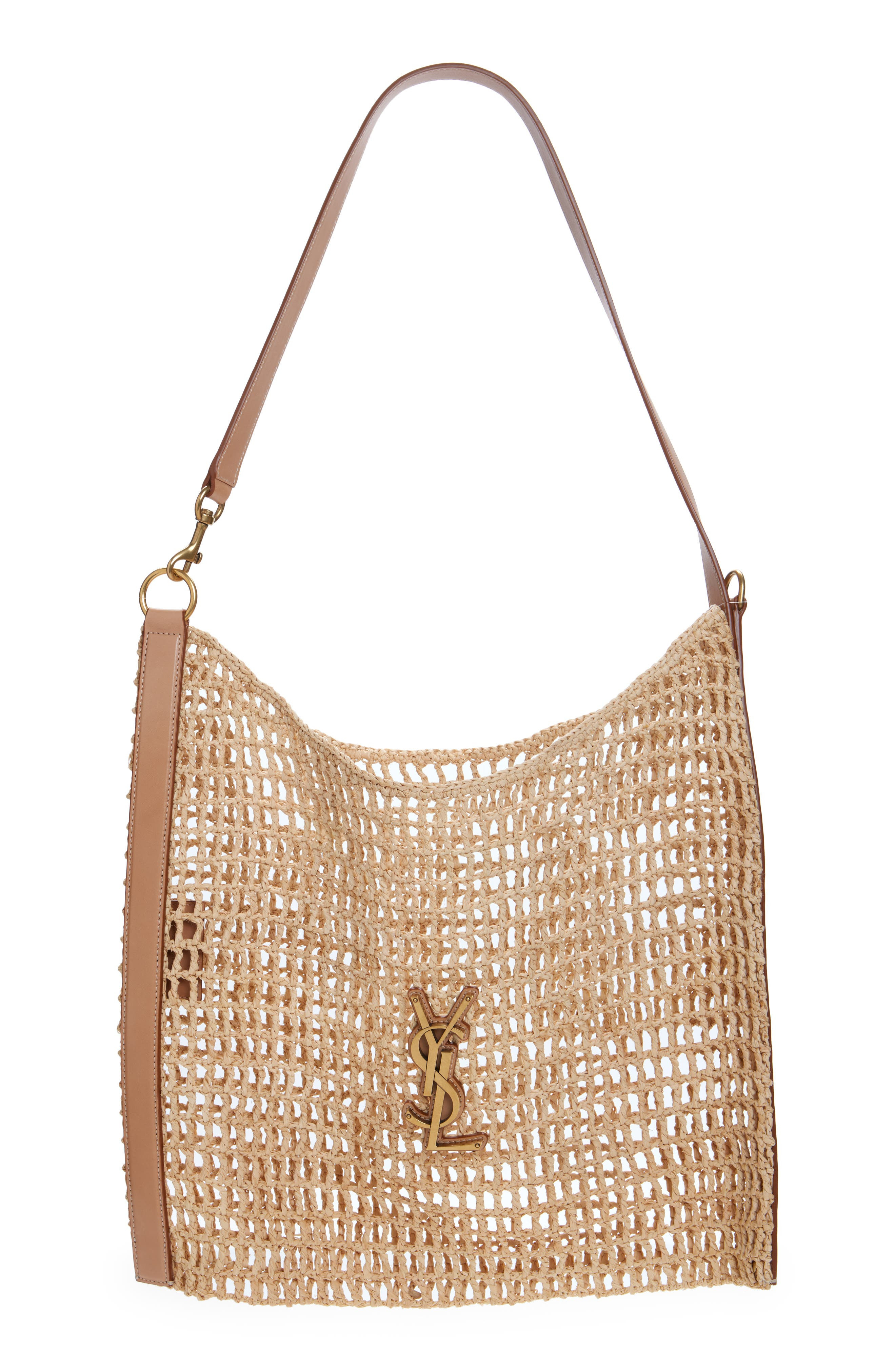 Saint Laurent Oxalis Raffia Macramé Shoulder Bag in Naturel/Vintage Brown/Gold at Nordstrom - 1